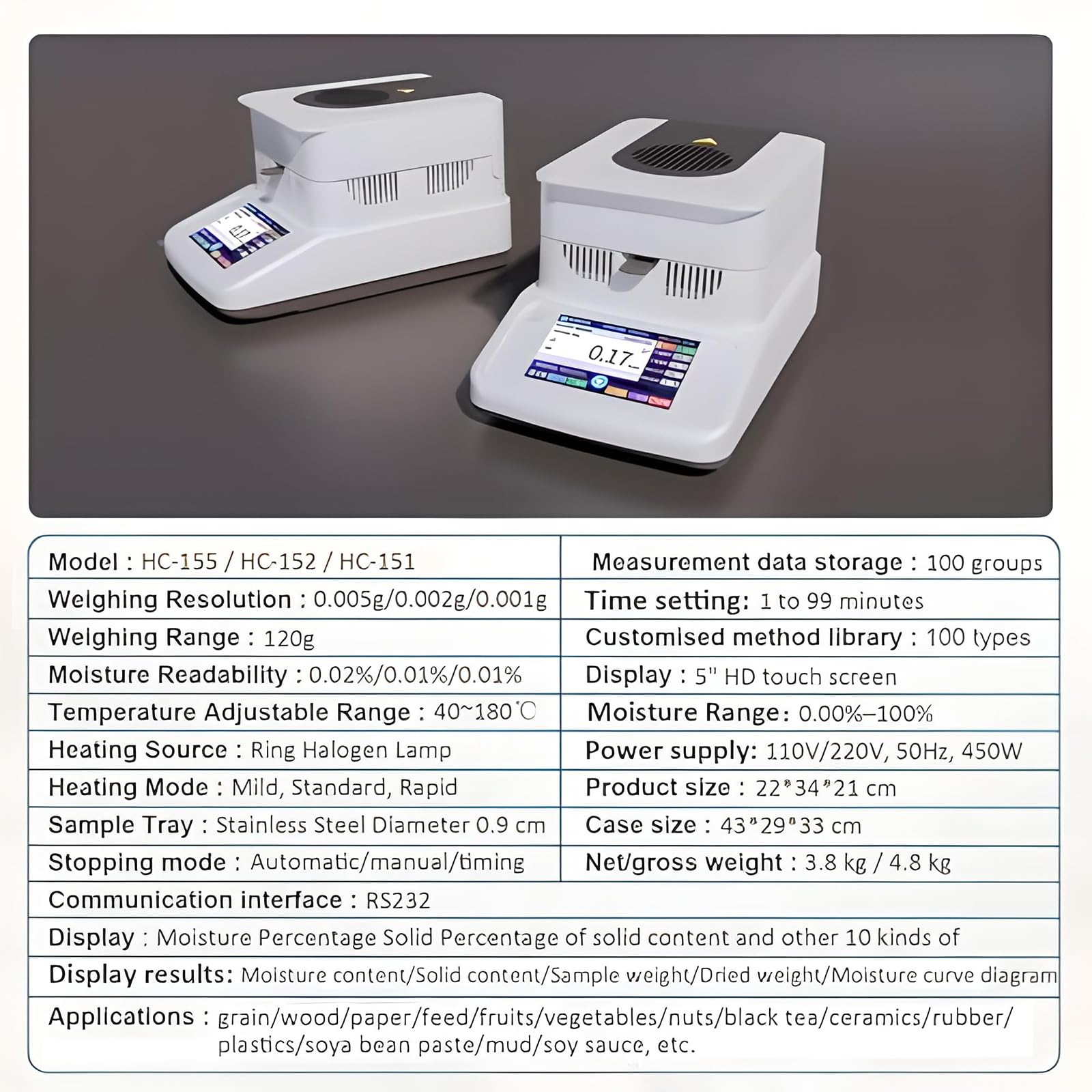 Analizador De Humedad Halógeno, Medidor De Humedad De Laboratorio De Alta Precisión De 0,001-0,005 g Con Pantalla Táctil, Calentamiento De 40 A 180 ℃, Probador Digital De Humedad Para Gran 120G/0.001
