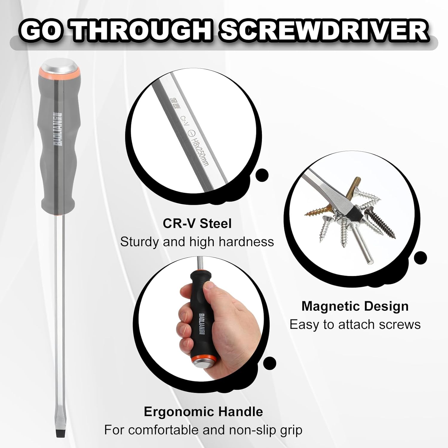 HARFINGTON 2Pcs Magnetic Slotted Screwdriver SL8 x 240mm CR-V Steel Go-thru Flat Screwdrivers with Striking Cap for Industry and Automobile Repair