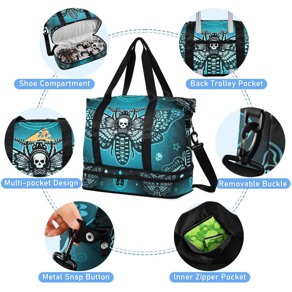 Travel Duffel Tote Bag Butterfly Skull Boho Sports Duffel Bag with Wet Pocket Weekender Overnight Bag for Women Men Gym Bag, Carry On Bag Hospital Bag for Labor and Delivery
