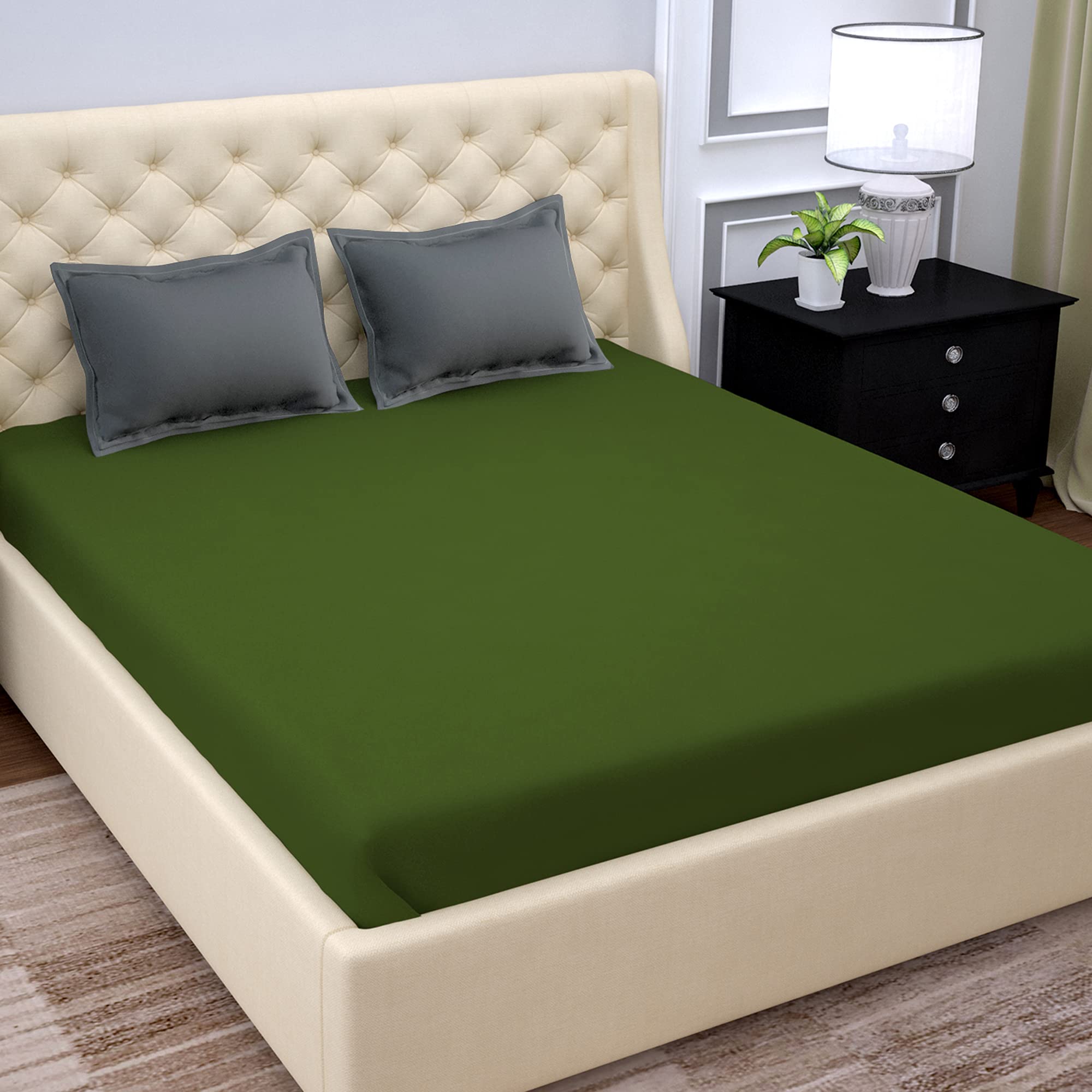 PAVO Studio Tranquil Bedsheet Collection, Bedsheet King Size Bed Cotton, 300 TC Cotton Bedsheet with 2 Pillow Covers, Army Green & Gray
