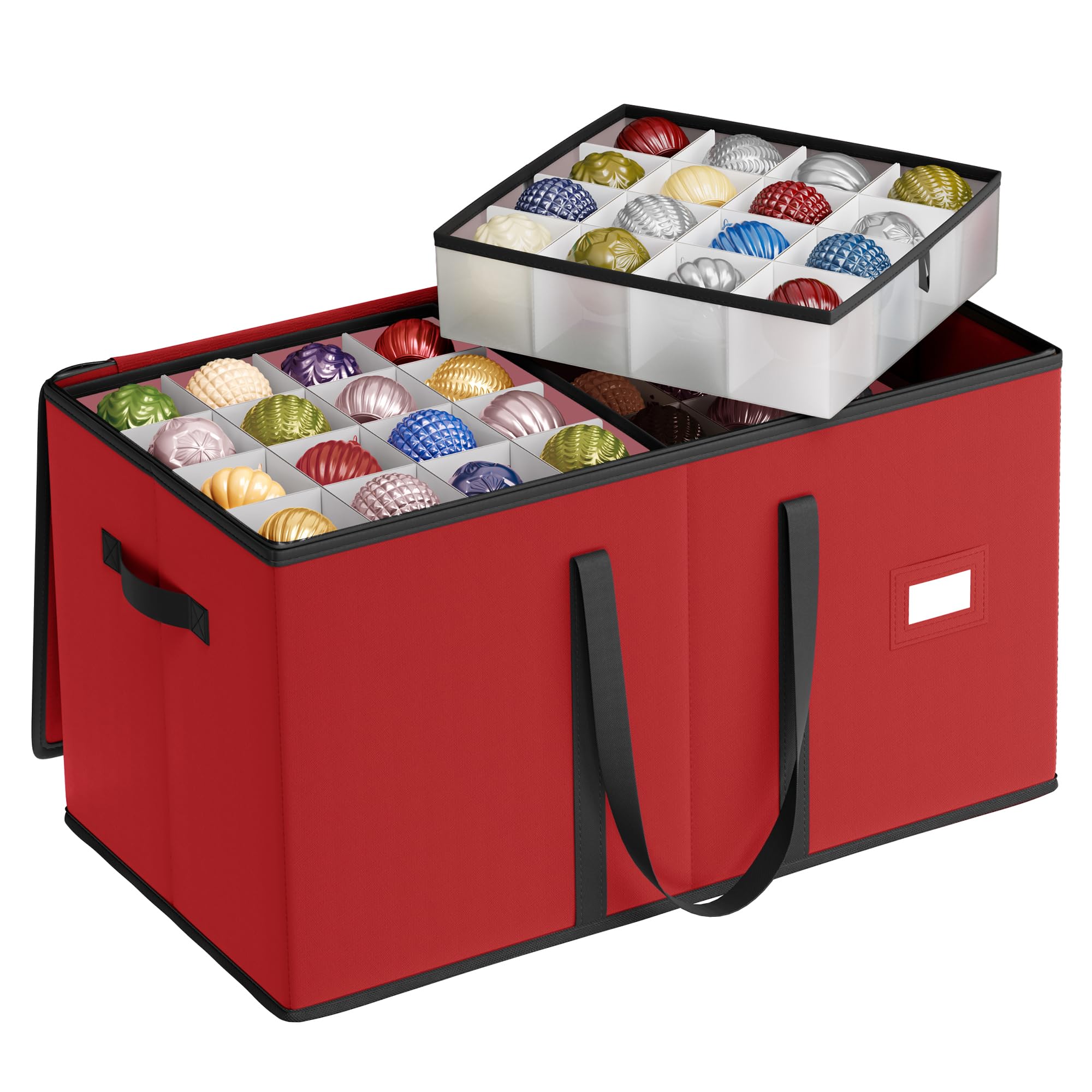 songmics large christmas ornament storage box, dual zippers, stackable christmas storage container with lid, 8 trays, 600d oxford, 3-inch 128 slots, cherry red urfb035r01