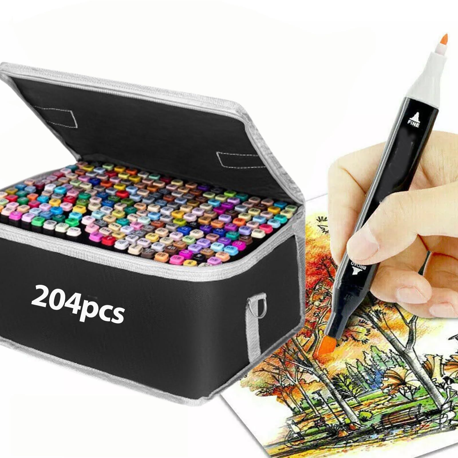 Trintion 204 Colors Alcohol Art Markers Twin Marker Pens Set Dual Tip Sketch Pens, Broad & Fine Point, Touch Graphic Markers for Coloring, Drawing, and Sketching (Black)