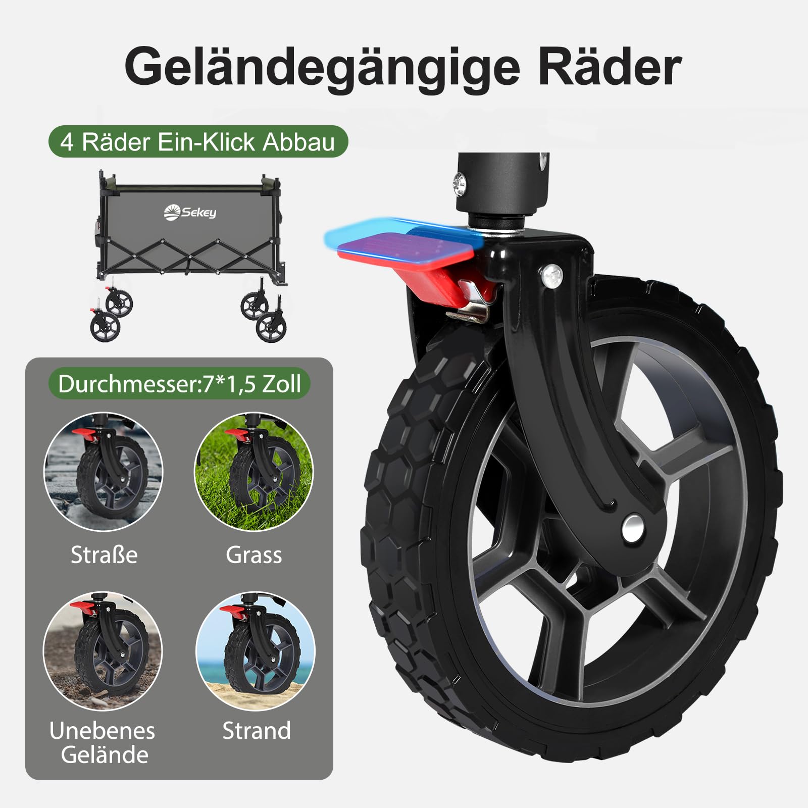Sekey XXL Bollerwagen Faltbar Kinder 150L 150KG, Faltbarer Bollerwagen mit Dach Klappbarer Handwagen mit Sonnenschutz für Ausflug Strand Camping, S4018, Grau