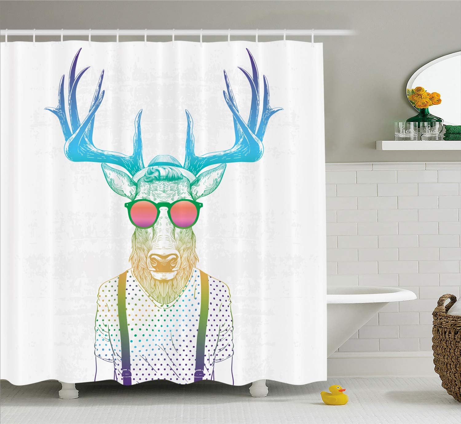 Ambesonne Antlers House & Dorm Shower Curtain with Hooks, Illustration of Deer Dressed up Like Cool Hipster Fashion Creative Animal, Cloth Fabric Decorative Set for Bathroom, 69" W x 70" L, Blue White