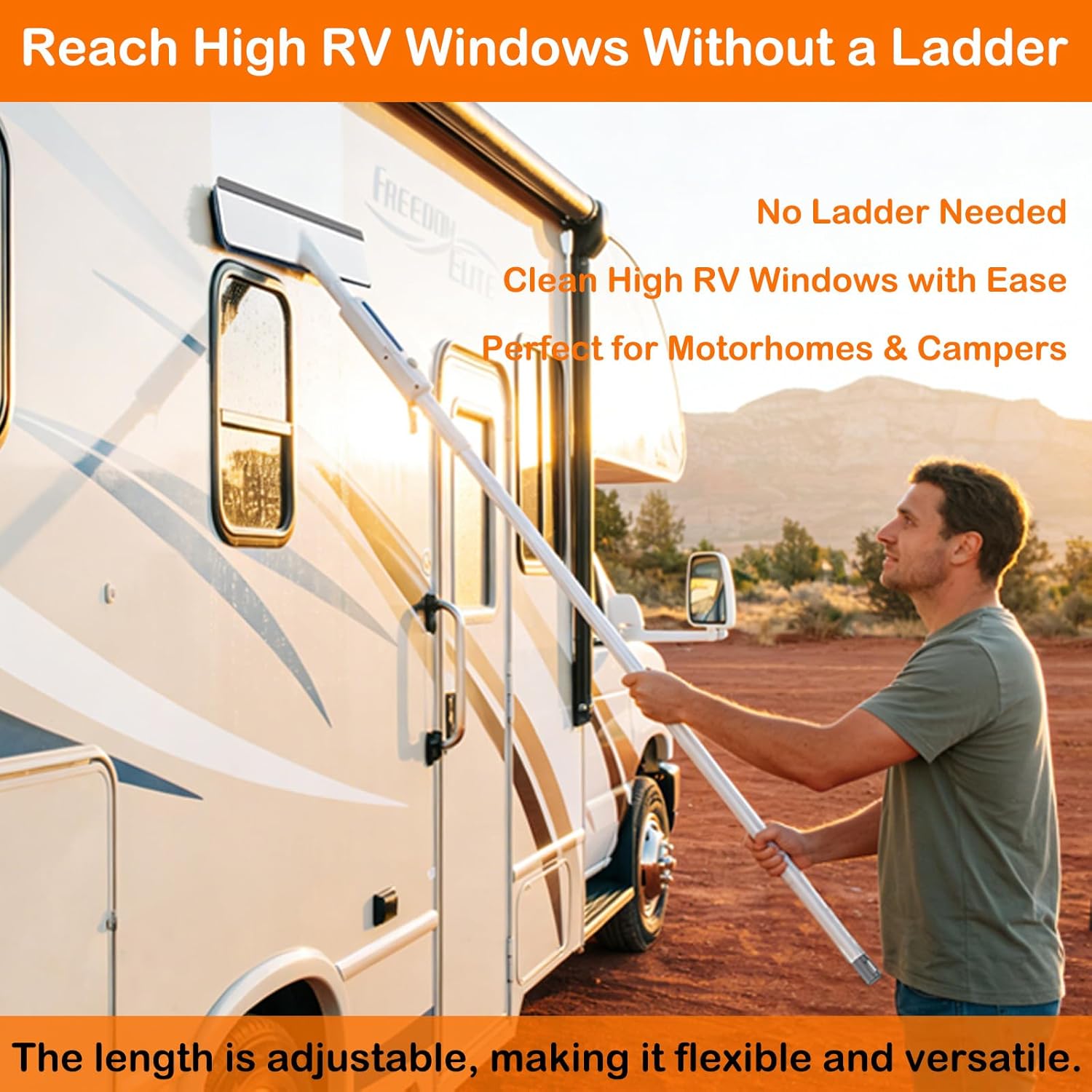 RV Window Cleaning Squeegee with Spray, Max 73.3" Handle, Motorhome & Camper Exterior Glass Cleaner, 3-in-1 Spray Mop for High Windows, Home & Car
