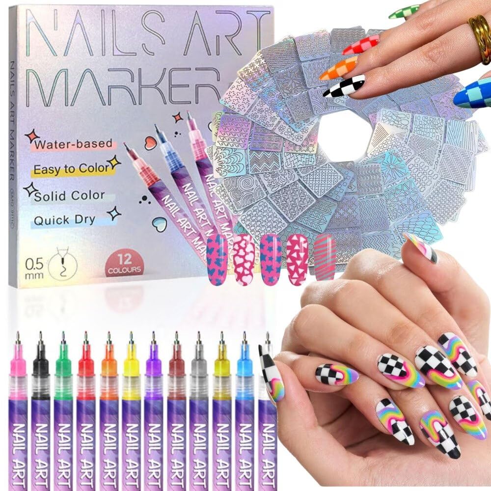 12 Color Nail Art Marker Pen Set Water Based Fine Tip Nail Paint Pens with 36 Nail Stencil Templates Quick Dry DIY Nail Design Kit for Women and Girls-picture-10