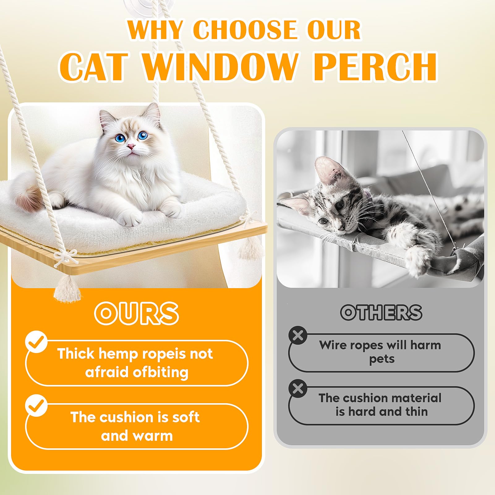 Hamaca para ventana de gato, asiento de ventana para gato con funda de cama, asiento de madera maciza con ventosas fuertes, cama colgante para gatos pequeños y medianos de interior