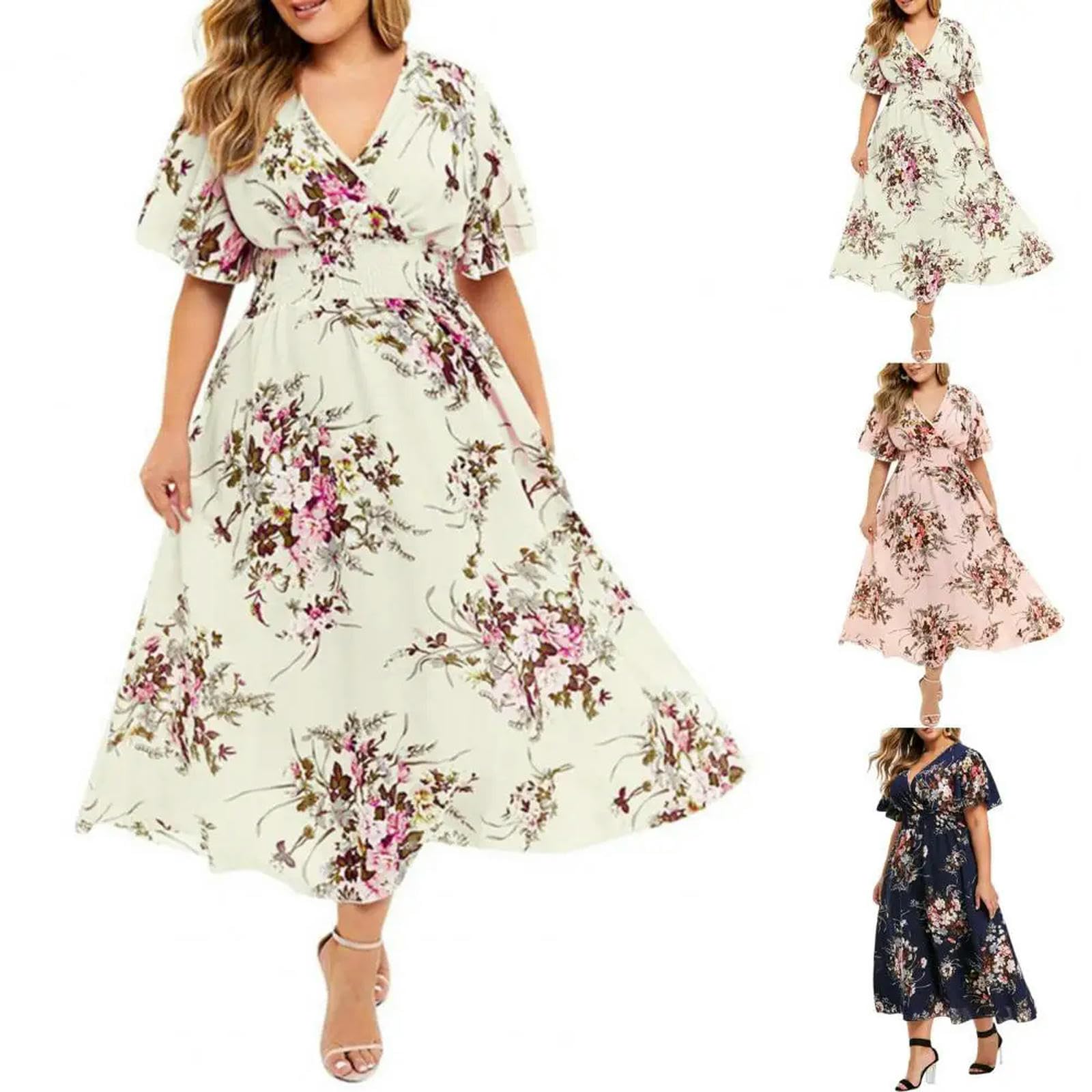 TEidea Vestiti Donna Donne Estive più di Dimensioni Floreali in Chiffon V Collo Corto A Maniche Corte-n-l
