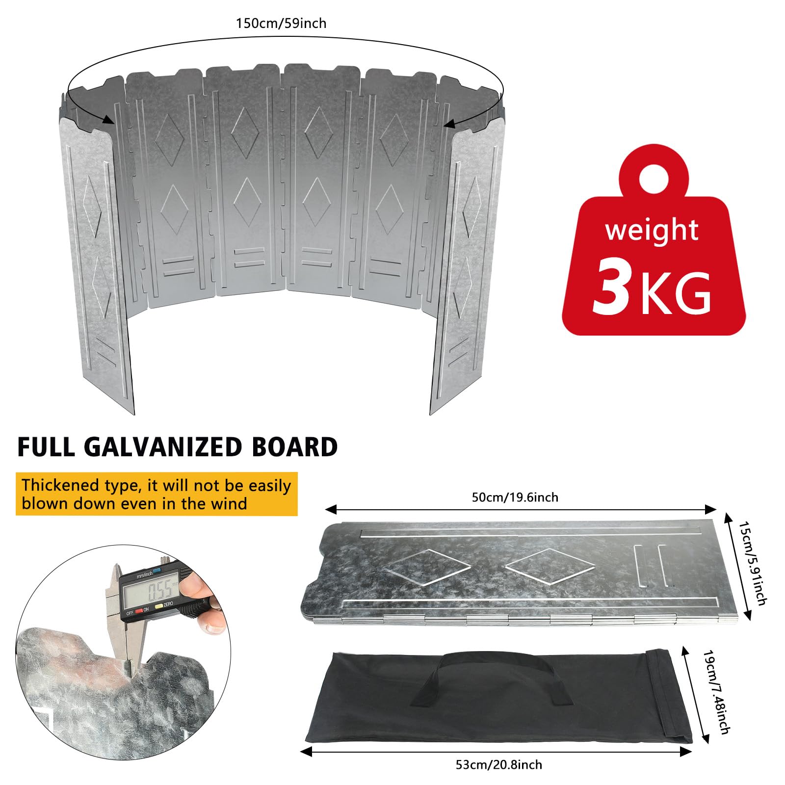 10 piastre per fornello da campeggio, protezione antivento, extra large, in acciaio inox, pieghevole, antivento, con custodia per campeggio, picnic, cucina (150 x 50 cm)