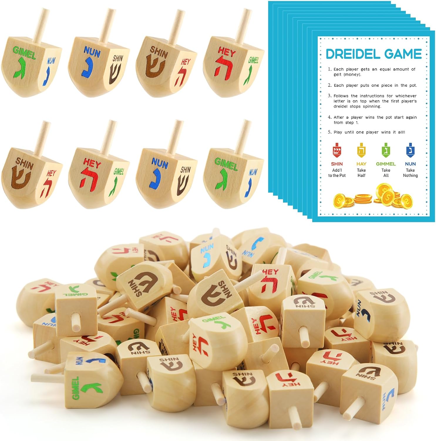 Wettarn 100 Pieces Hanukkah Dreidels Bulk Wooden Hanukkah Dreidels with Game Instruction Cards for Party Game(Size 1,Classic Style)