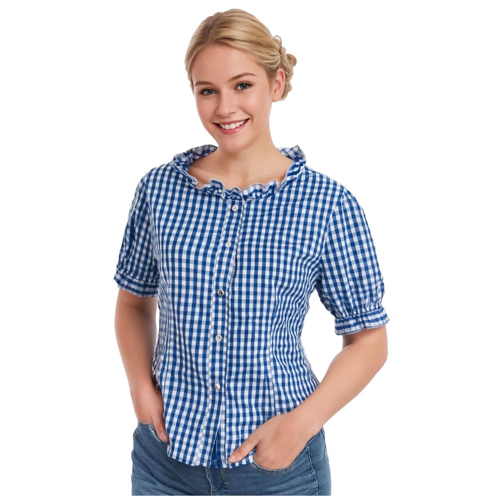 Stilvolle Damenhemden Oktoberfest kurzärmlig mit Spitzenbesatz kariertem Design vielseitige saisonale Kleidung