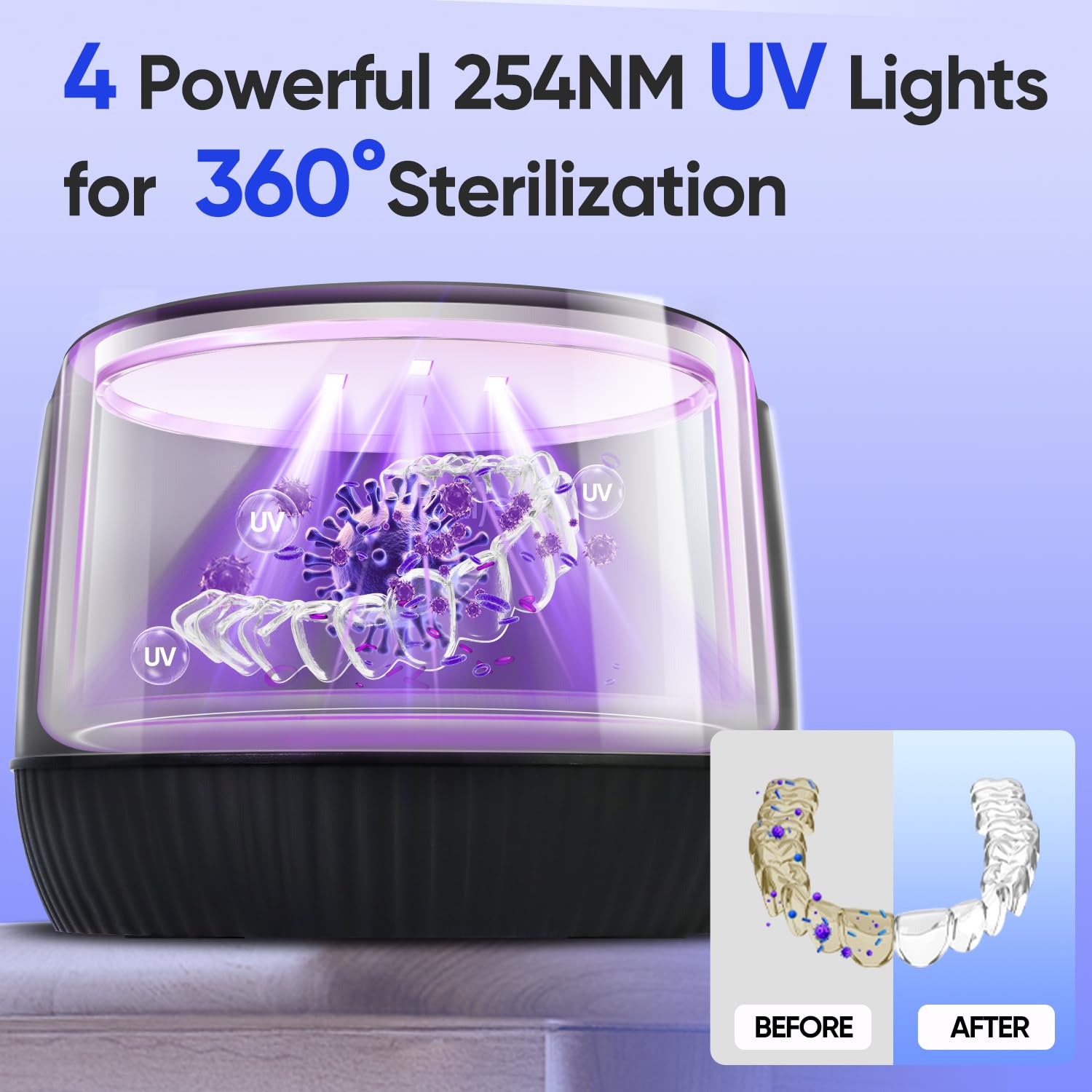 MySmile Pulitore ad Ultrasuoni 45 KHz, Capacità 200ML - Allineatori, Protettori Buccali, Apparecchi Ortodontici, Capsula Portatile di Pulizia Dentale con 2 Modalità e Timer Digitale (nero)
