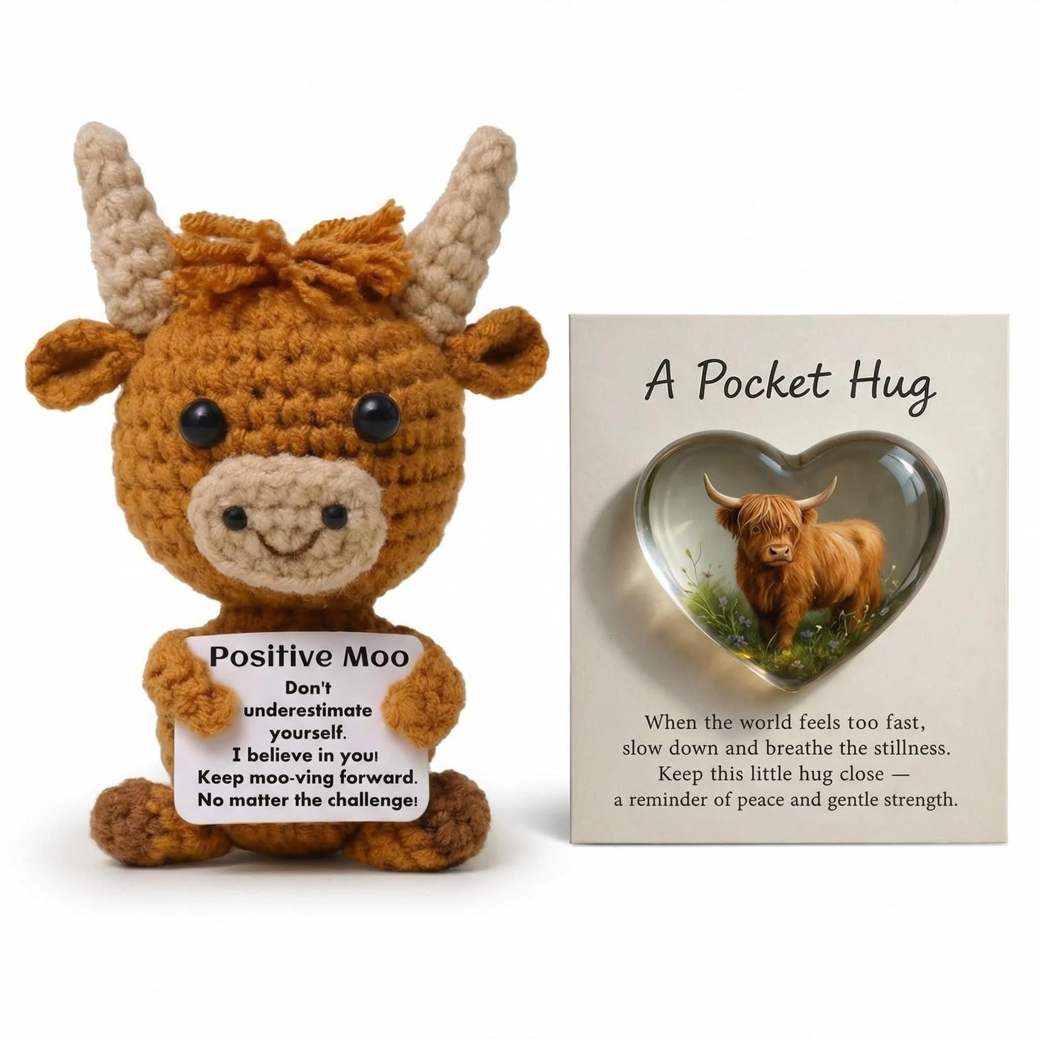 Copbopwn 2Pcs Highland Cow Gifts for Women, Positive Crochet Animals, Highland Cow Pocket Hug Token with Inspirational Card, Emotional Support Crochet for Women, Friends, Students, Cute Desk Decor