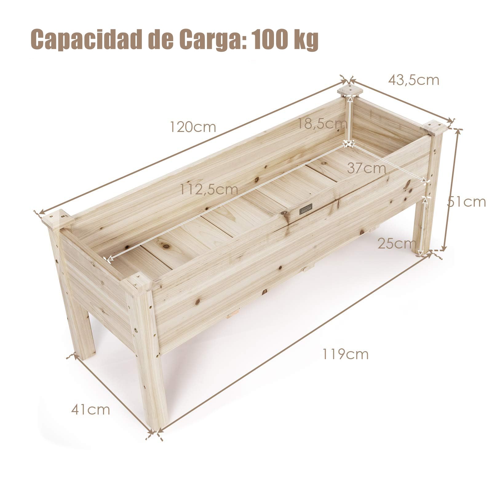 RELAX4LIFE Huerto Urbano de Madera de Abeto 120x43,5x51cm, Jardinera Elevada con 5 Agujeros de Drenaje para Verduras, Flores, Frutas, Mesa de Cultivo para Adultos y Niños, Carga 100kg