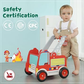 Labebe Wooden Baby Push Walker - Learning Toy for Toddlers 1-3 Year Old Boys and Girls, Fire Truck With Wheels