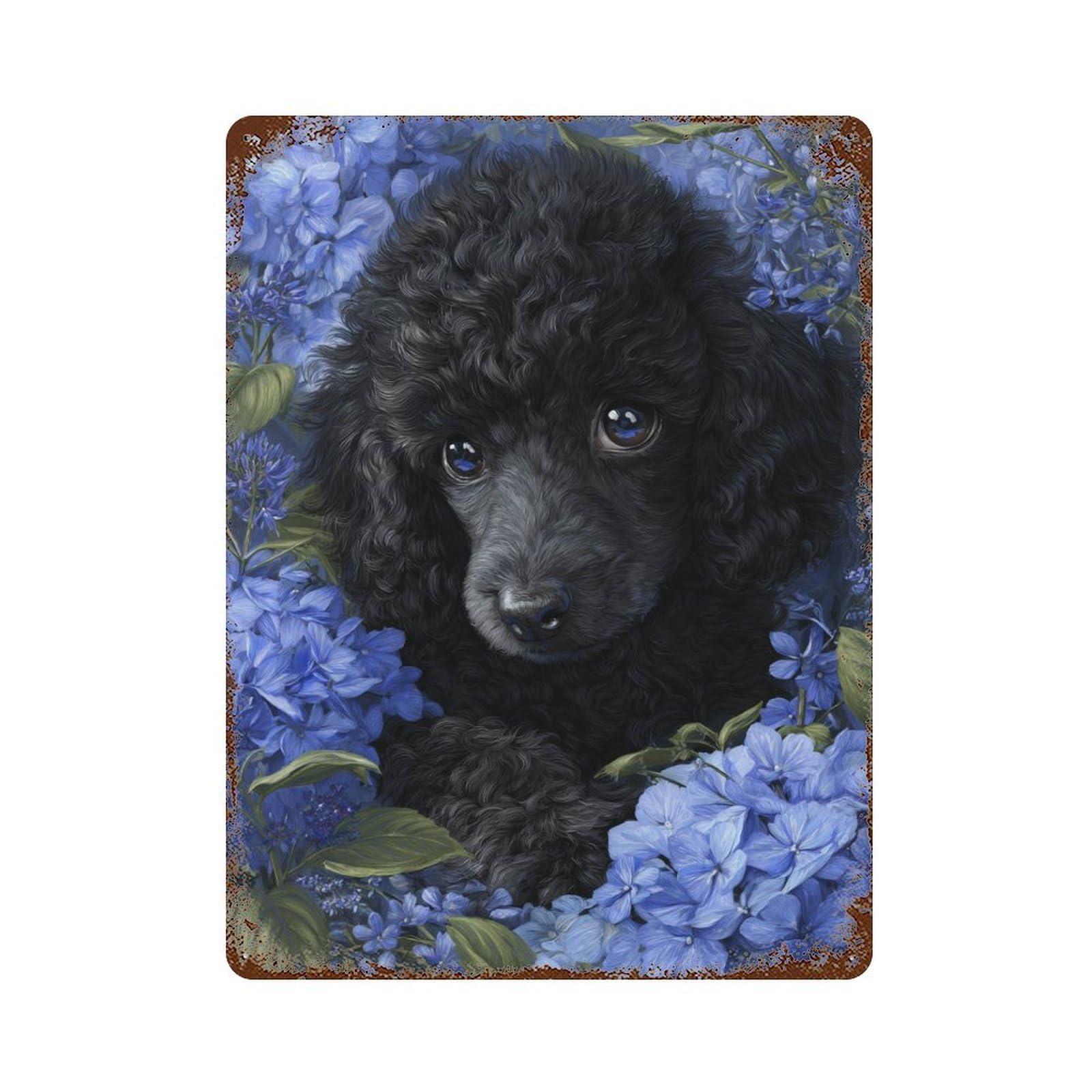 Black Poodle in Blue Flowers Rusty Metal Tin Sign 15.7"x11.8", Rustic Home Decor for Garage, Pub Or Kitchen