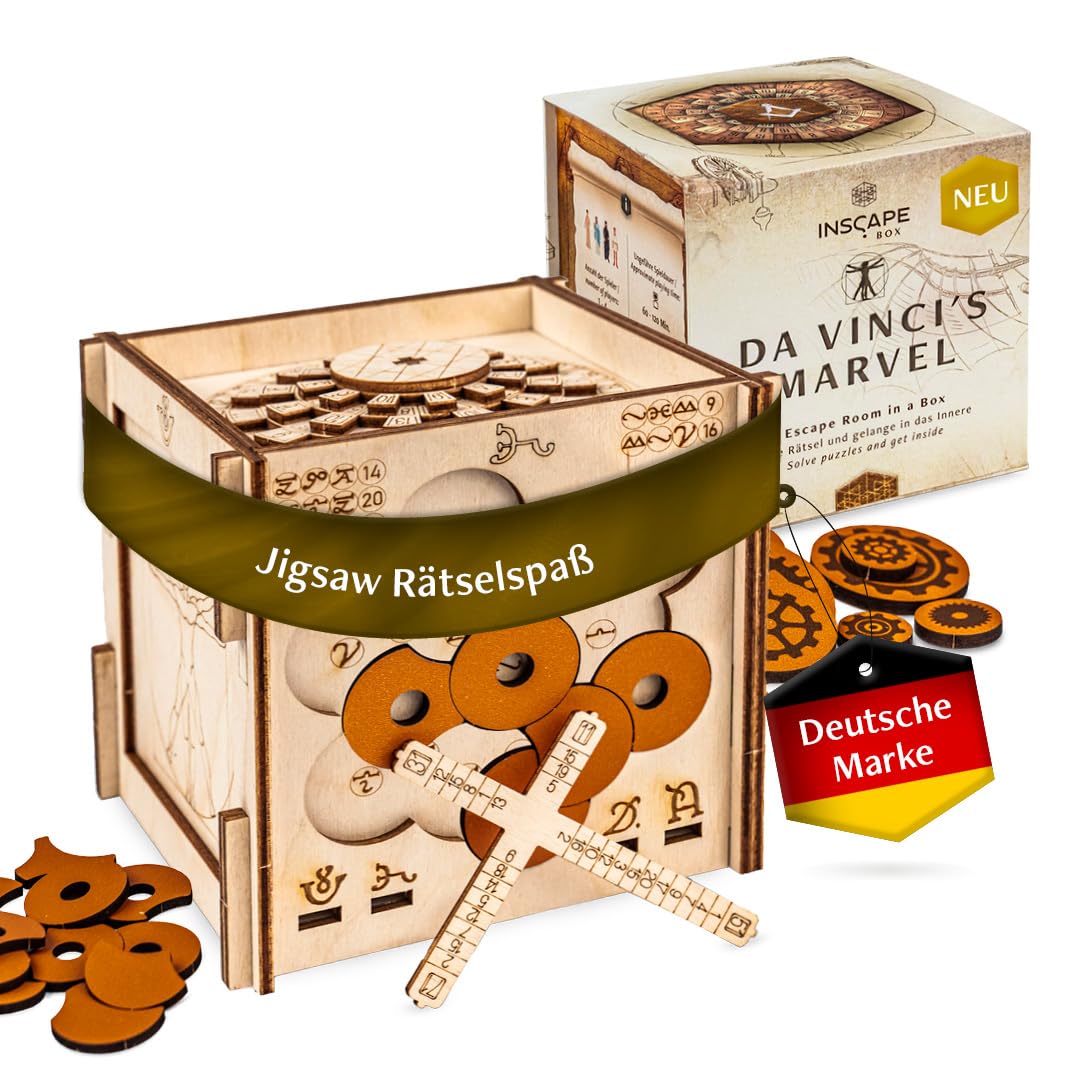 INSCAPE Da Vinci´s Marvel - Rätselbox Holz - Puzzle Box - Escape Room Spiel Erwachsene und Kinder - Knobelspiele für Erwachsene - 3D Holzpuzzle - Cluebox - Denkspiele - Jigsaw Puzzle