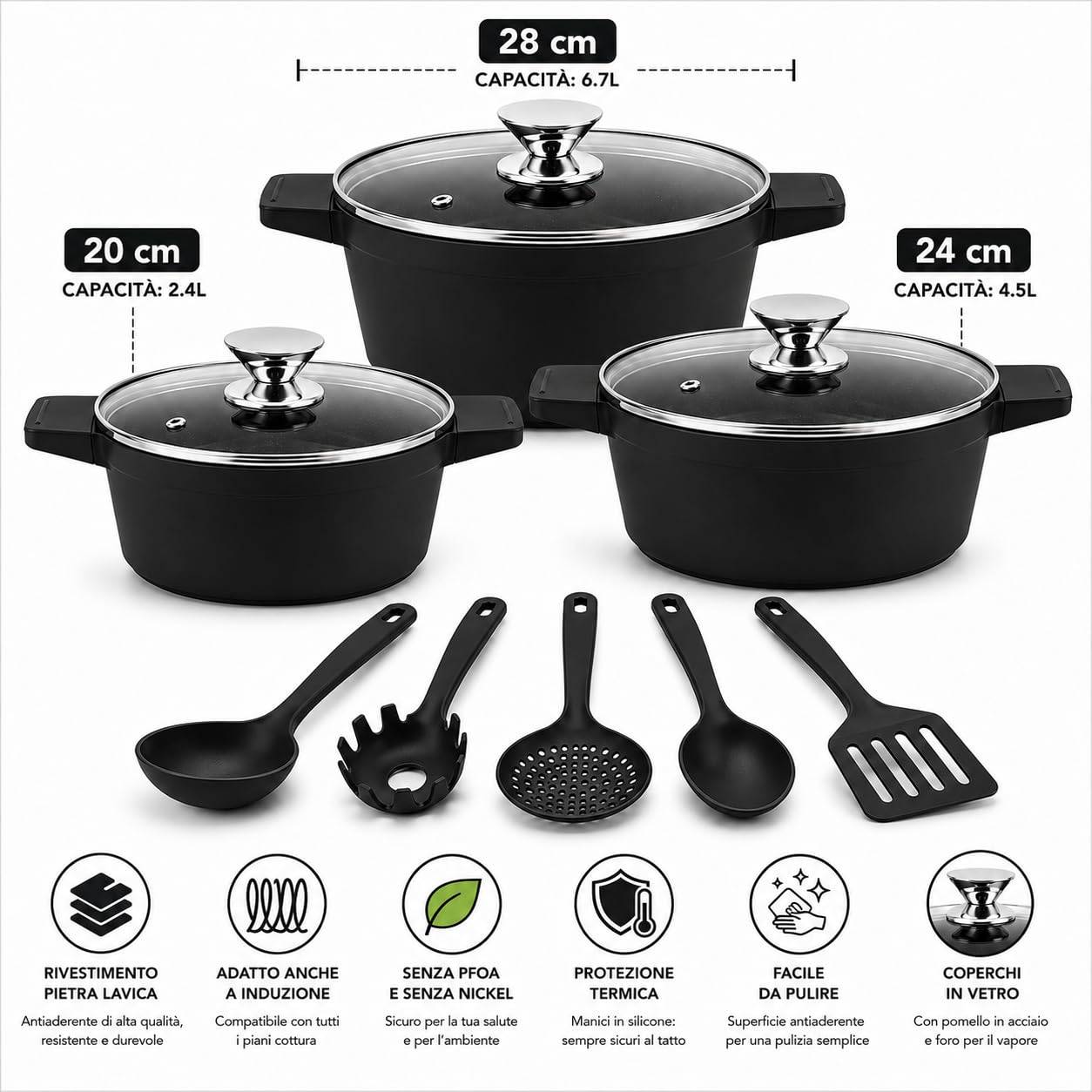 Set Casseruole 11 Pezzi in Alluminio Pressofuso con Rivestimento Effetto Pietra Lavica Antiaderente – 3 Pentole con Coperchi in Vetro (20/24/28 cm) + 5 Utensili da Cucina – Adatte a Induzione (Nero)