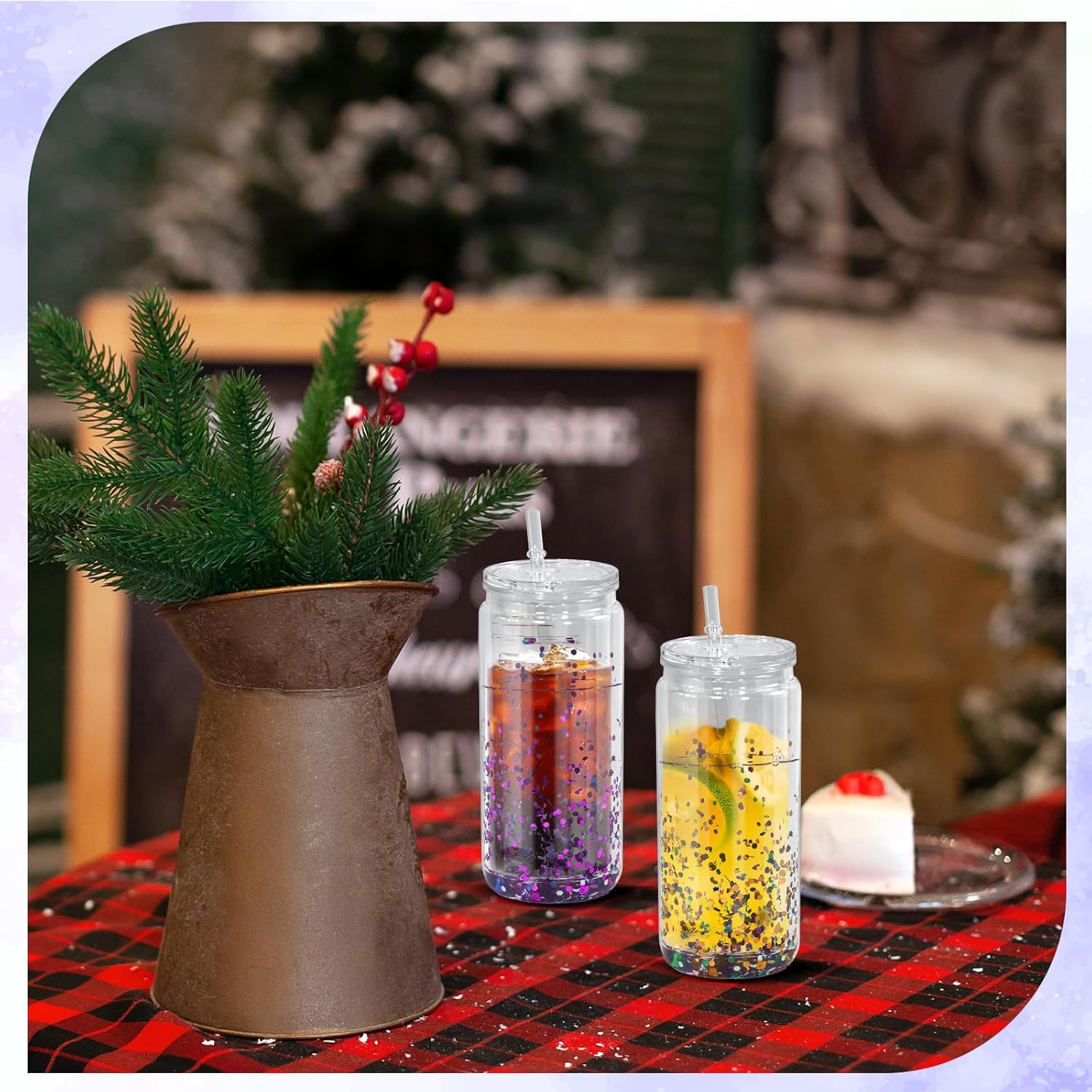 4 Pack Acrylic Snow Globe Tumbler, 20oz Snowglobe Cups with Pre Drilled Hole, Double Wall Plastic Cups Blanks with Clear Lid and Plastic Straw, Glitter Snow Globe Cup for DIY Gift - Image 6