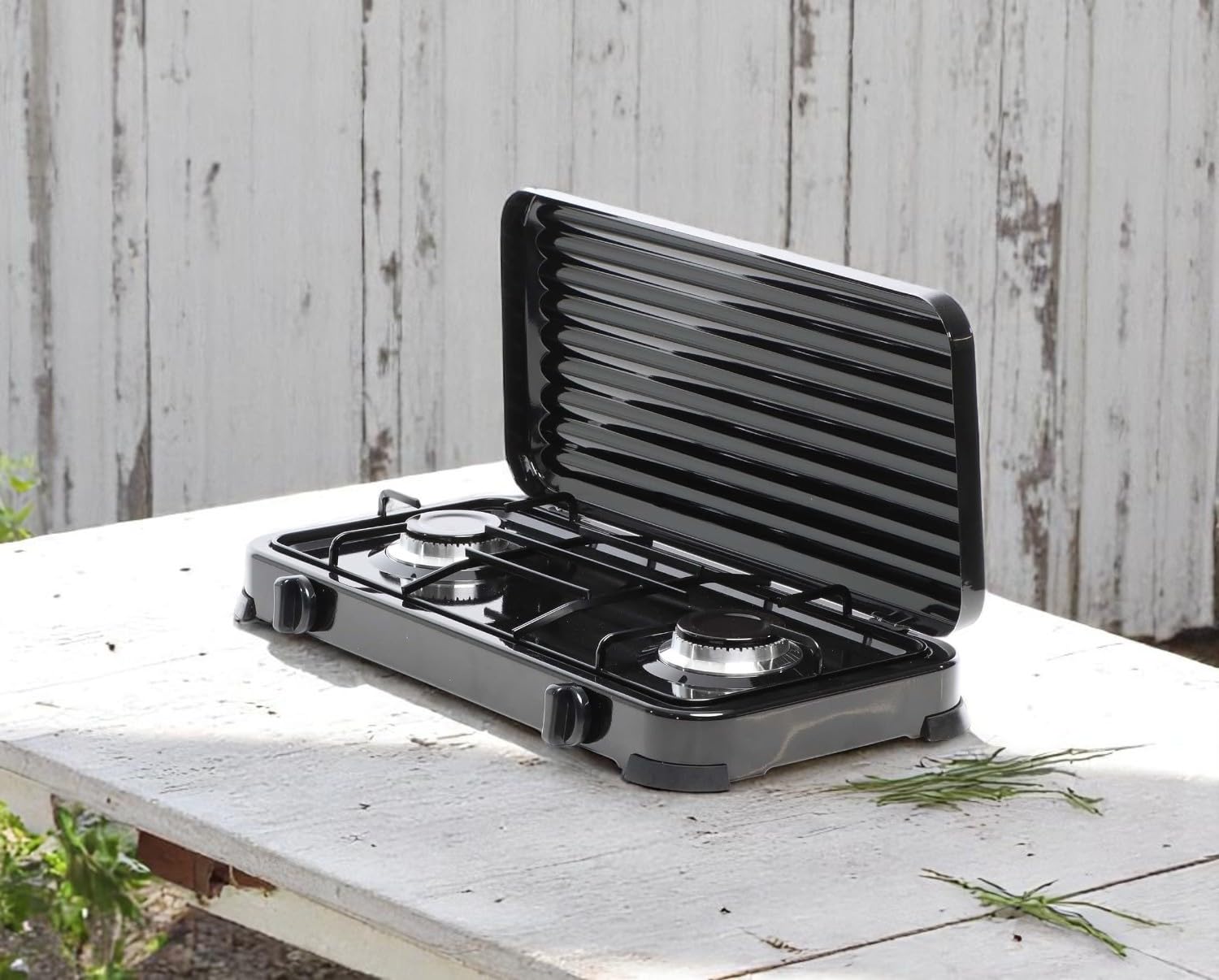 Cocina Hornillo de gas portatil para camping y exterior con 2 quemadores, 30 – 50 mbar, placa de gas con tapa protectora, manguera de presión para butano incluido