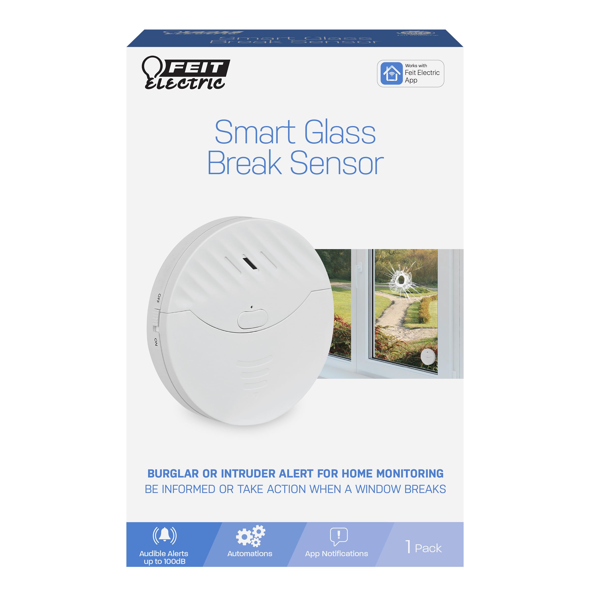 Feit Electric Capteur de bris de verre intelligent Wi-Fi avec alarme sonore, sans fil, système de sécurité domestique 24h/24, 7j/7 avec notification d'application mobile, fonctionne avec piles, pas de