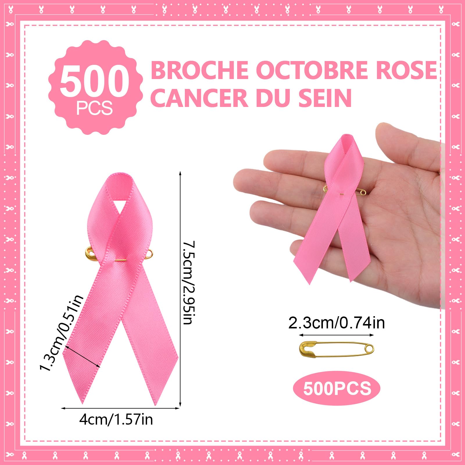 WANDIC 500 PCS Pin's Octobre Rose,Broche Octobre Rose Decoration pour la Sensibilisation au Cancer du Sein Épingles Badge à Ruban en Polyester Accessoires pour Les Activités Caritatives Femme