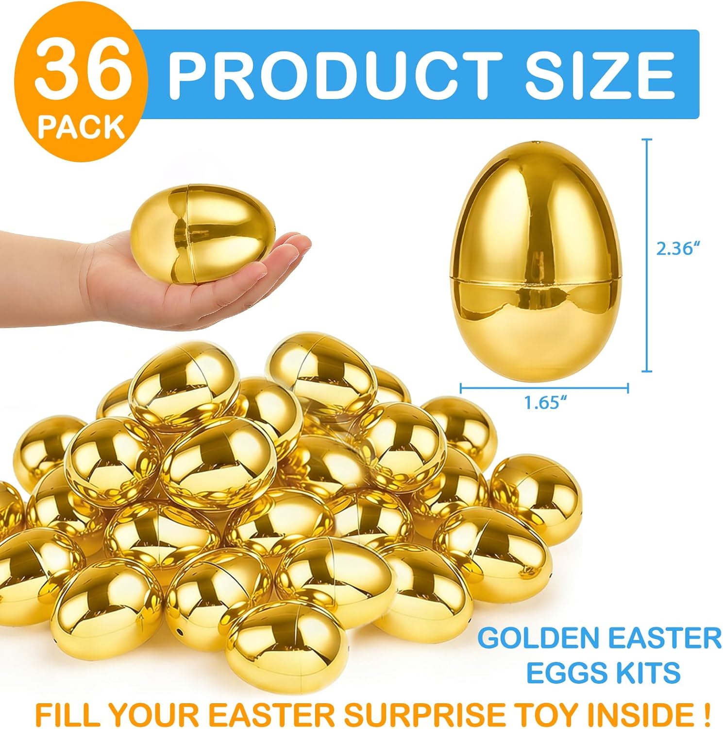 TURNMEON 36PCS Plastic Golden Easter Eggs, 2.36" Fillable Empty Gold Easter Eggs Bulk for Easter Basket Stuffers Fillers, Fillling Candy Treats Toys Eggs Hunt Classroom Prize Supplies and Party Favors