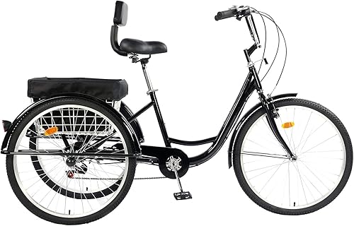 Vista 24 de Triciclo para adultos de 26 pulgadas, bicicleta de 7 velocidades y 3 ruedas para mujeres, hombres y personas mayores, triciclo de crucero con cesta