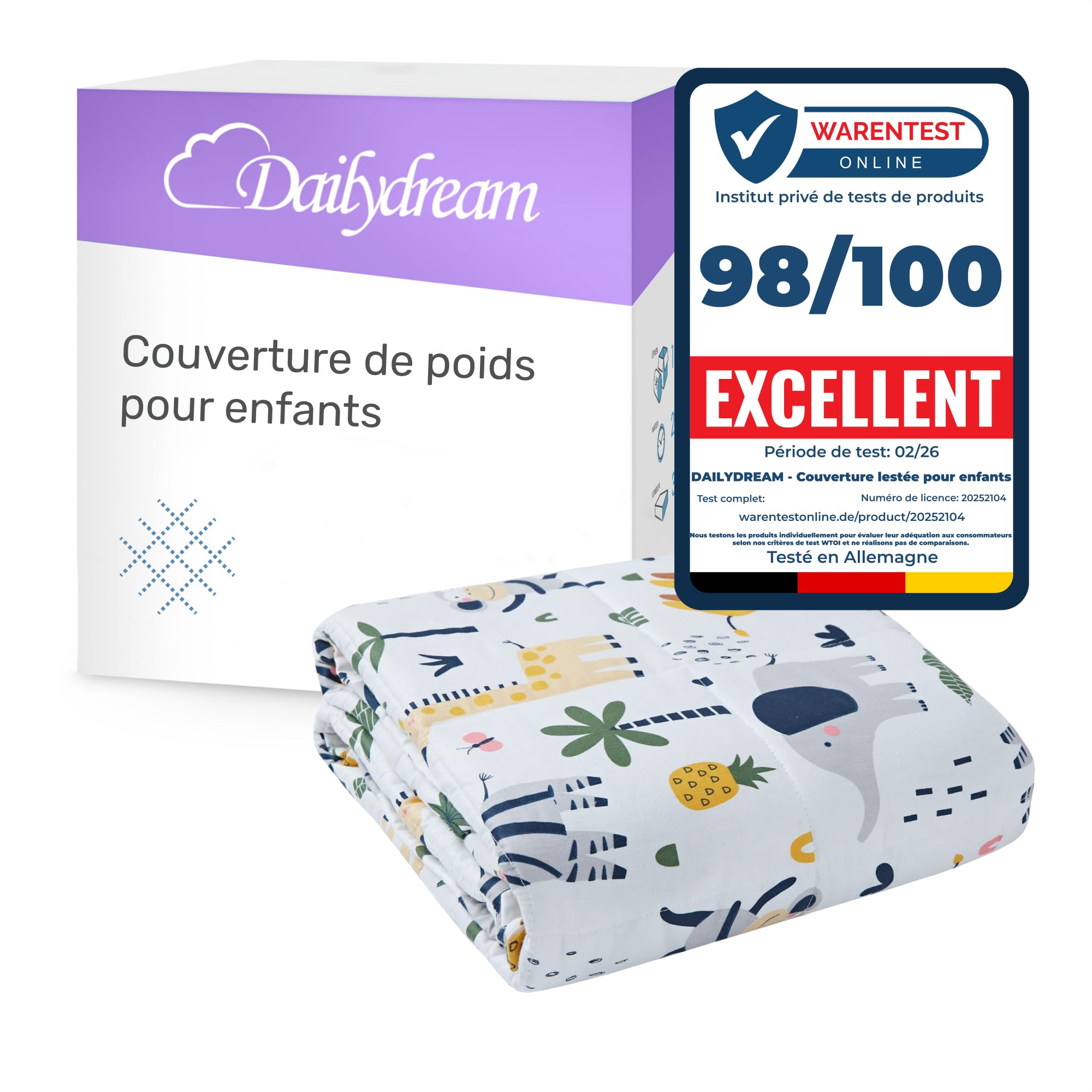 Dailydream Couverture Lestée Enfant | thérapeutique | 90x120 cm | 2,3 kg | Motif Safari | 100% Coton | avec Perles de Verre | Couette pondérée | apaisante et relaxante | Poids corporel 20-35 kg