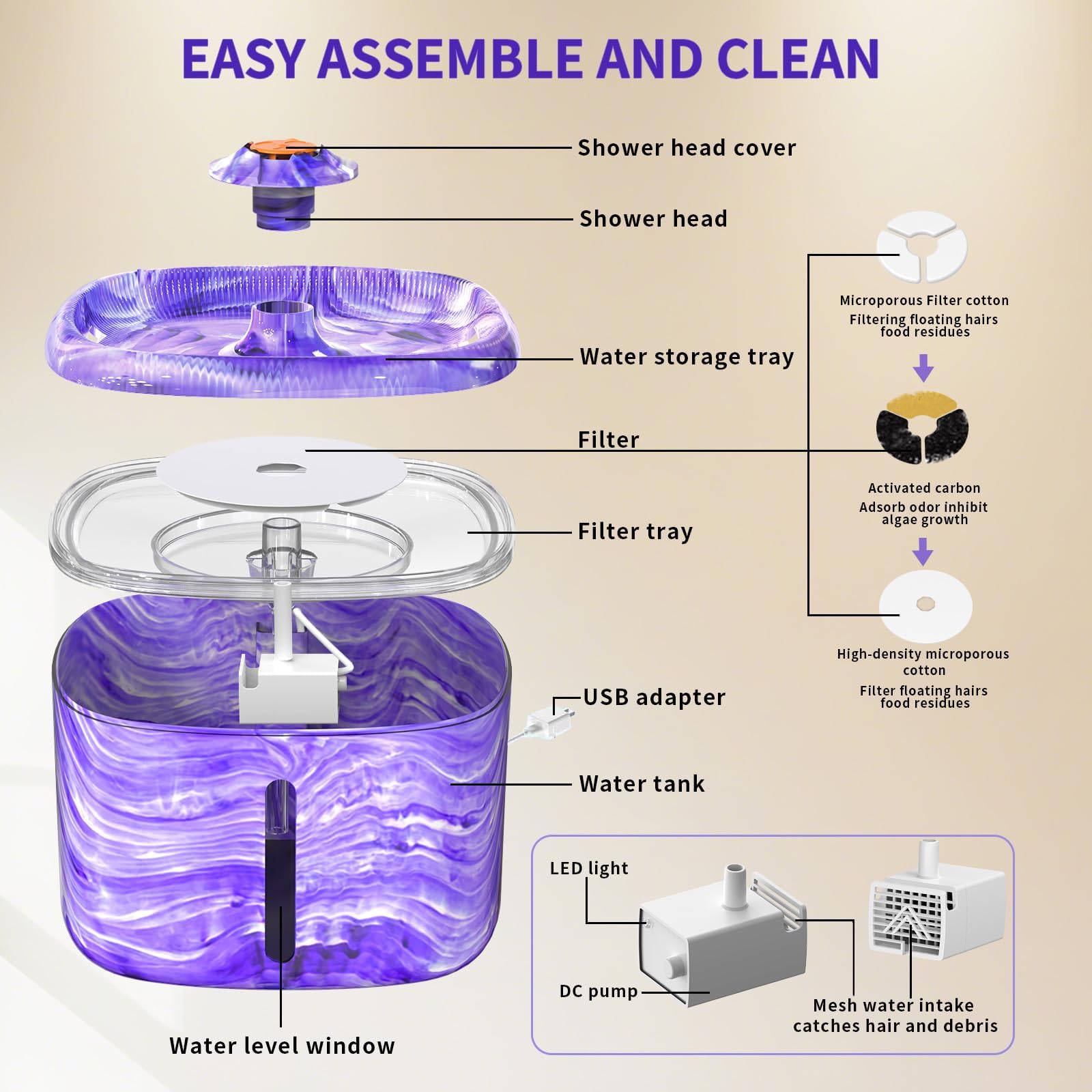 Fuente de agua para gatos morada: fuente de agua automática para mascotas para gatos de interior, 84 onzas/2.5 L, bonita fuente para gatos para beber, luz azul LED, bomba ultra silenciosa mejorada