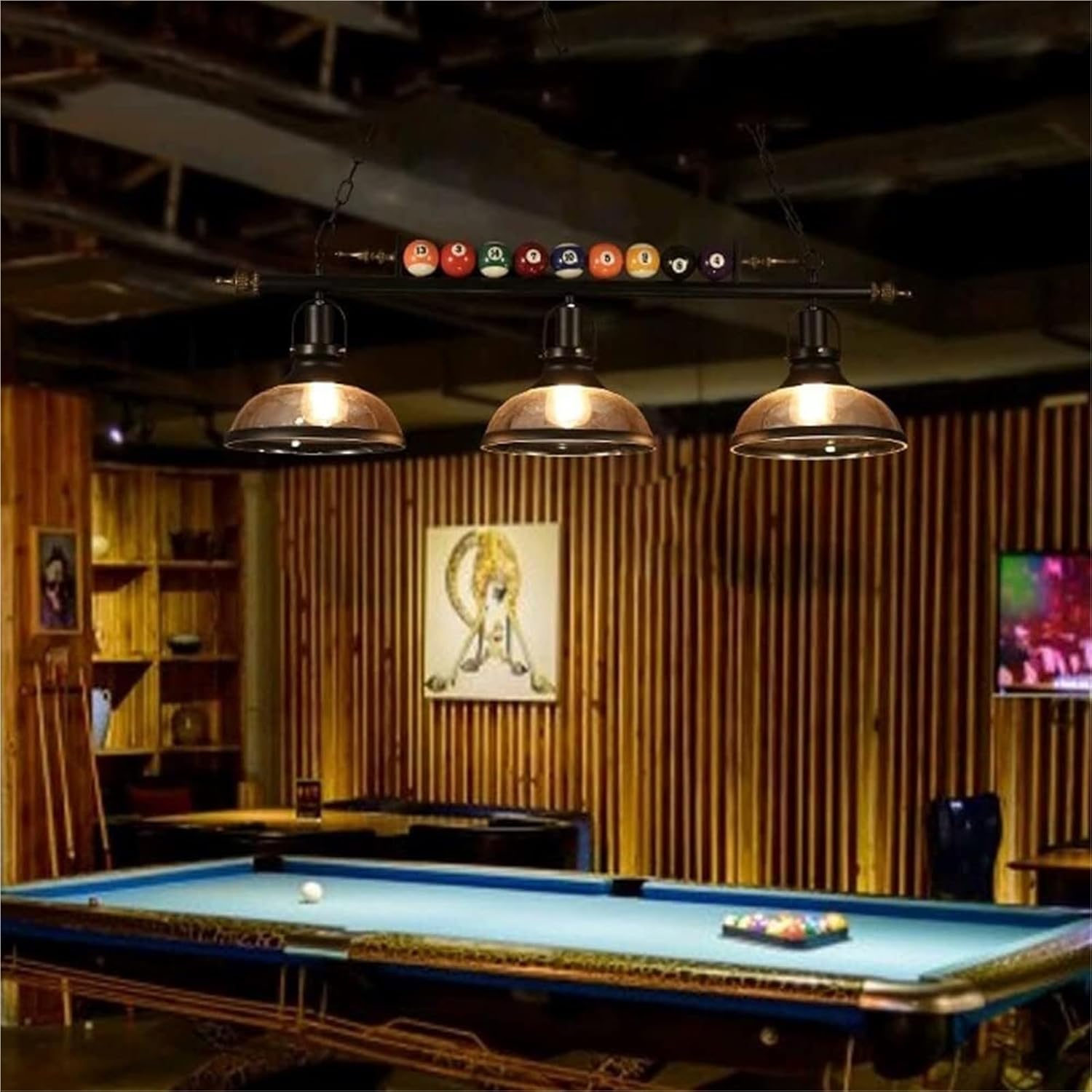 Creative Hanging Pool Table Lighting Fixtures Ceiling Lamp 1/2/3 Light Real Billiard Ball Design Lamp with Glass Shades for Game Room/3 Heads