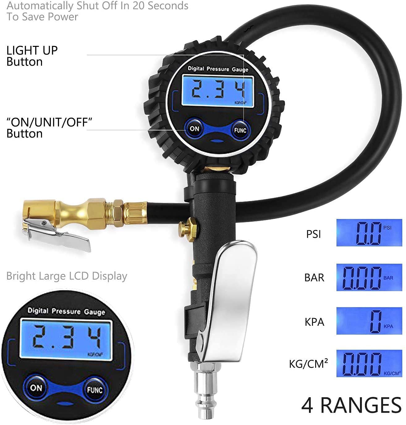 15BAR DRUCKLUFT REIFENFÜLLER Reifenfüllpistole Geeicht Manometer Luftdruckprüfer 356623103483