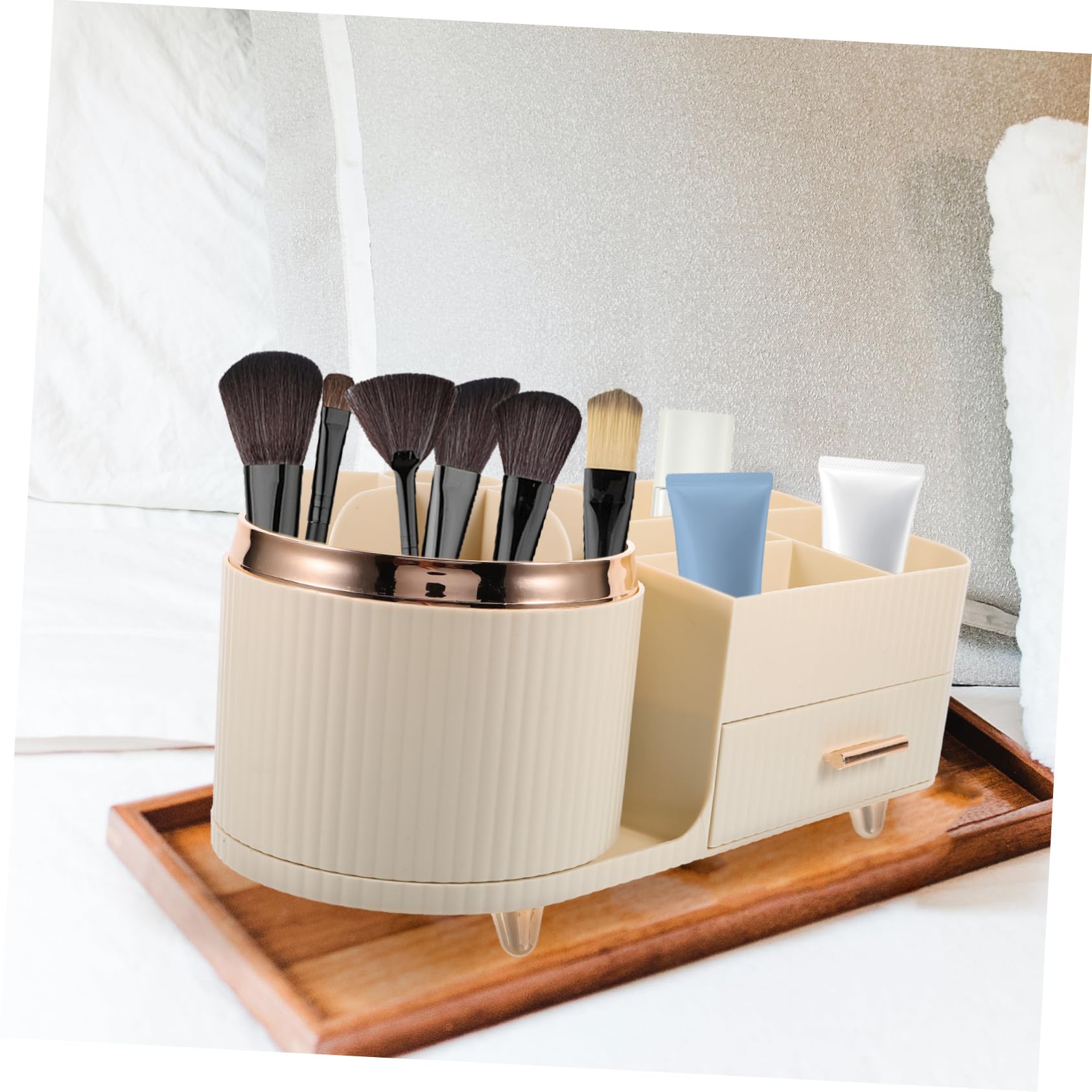 FRCOLOR Make Up Pinselhalter Beige mit Schublade und Fächern Drehbarer Schminkorganizer aus Kunststoff Große Kapazität für Schminktisch und Bad