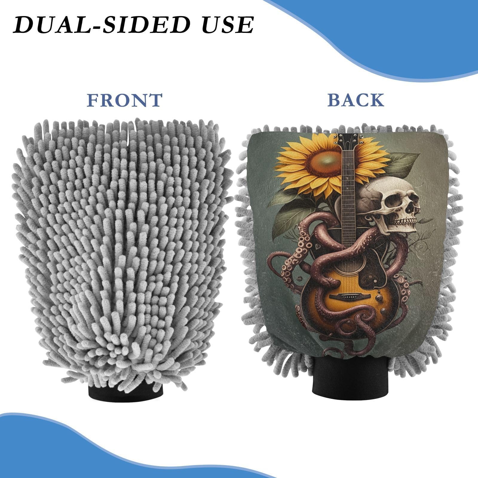 STAYTOP Guitar Sunflower Skull Car Wash Mitt Microfiber, 2Pcs Scratch Free Lint-Free, Premium Chenille Microfiber Mitt Car Wash Brush-L