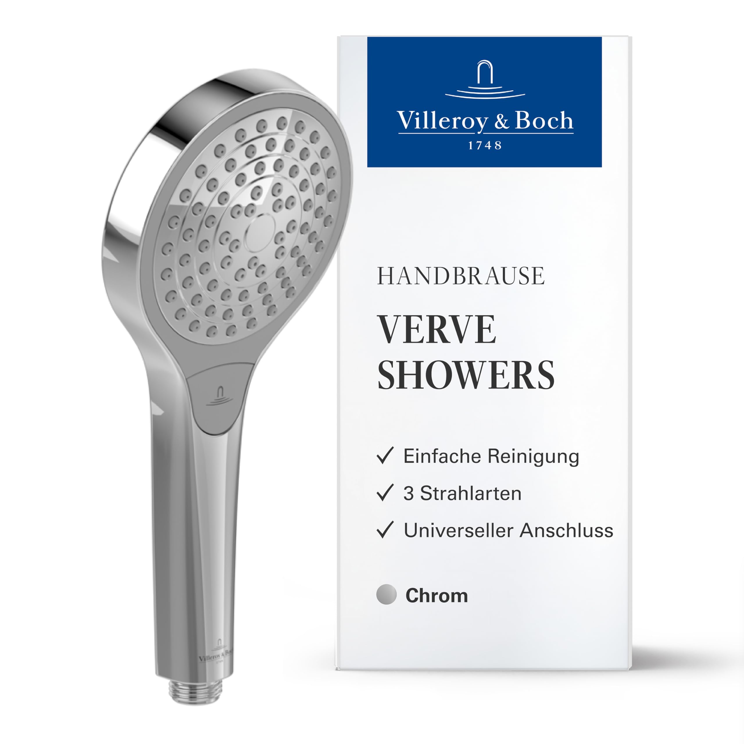 Villeroy & Boch Verve Showers Handbrause – Chrom | 3 Strahlarten per Knopfdruck, EasyClean, wassersparend, Anti-Rückfluss, Universalanschluss, TVS10900100061