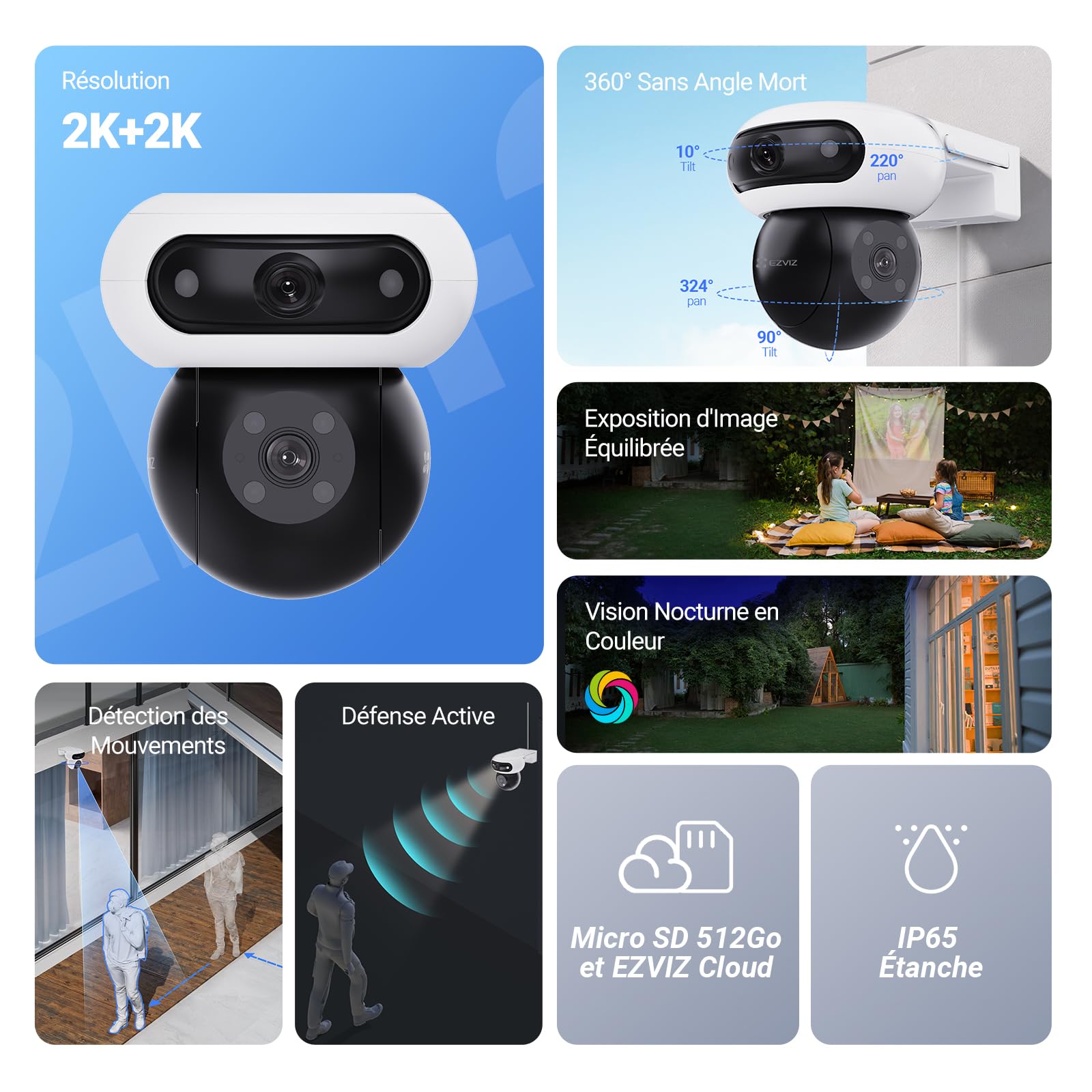 EZVIZ 8MP (4MP+4MP) Caméra Surveillance WiFi Extérieure à Double Objectif, Caméra Extérieure 360°, Vision Nocturne Couleur, Détection de Personne/Véhicule, Audio Bidirectionnel, Étanche, C90 Dual