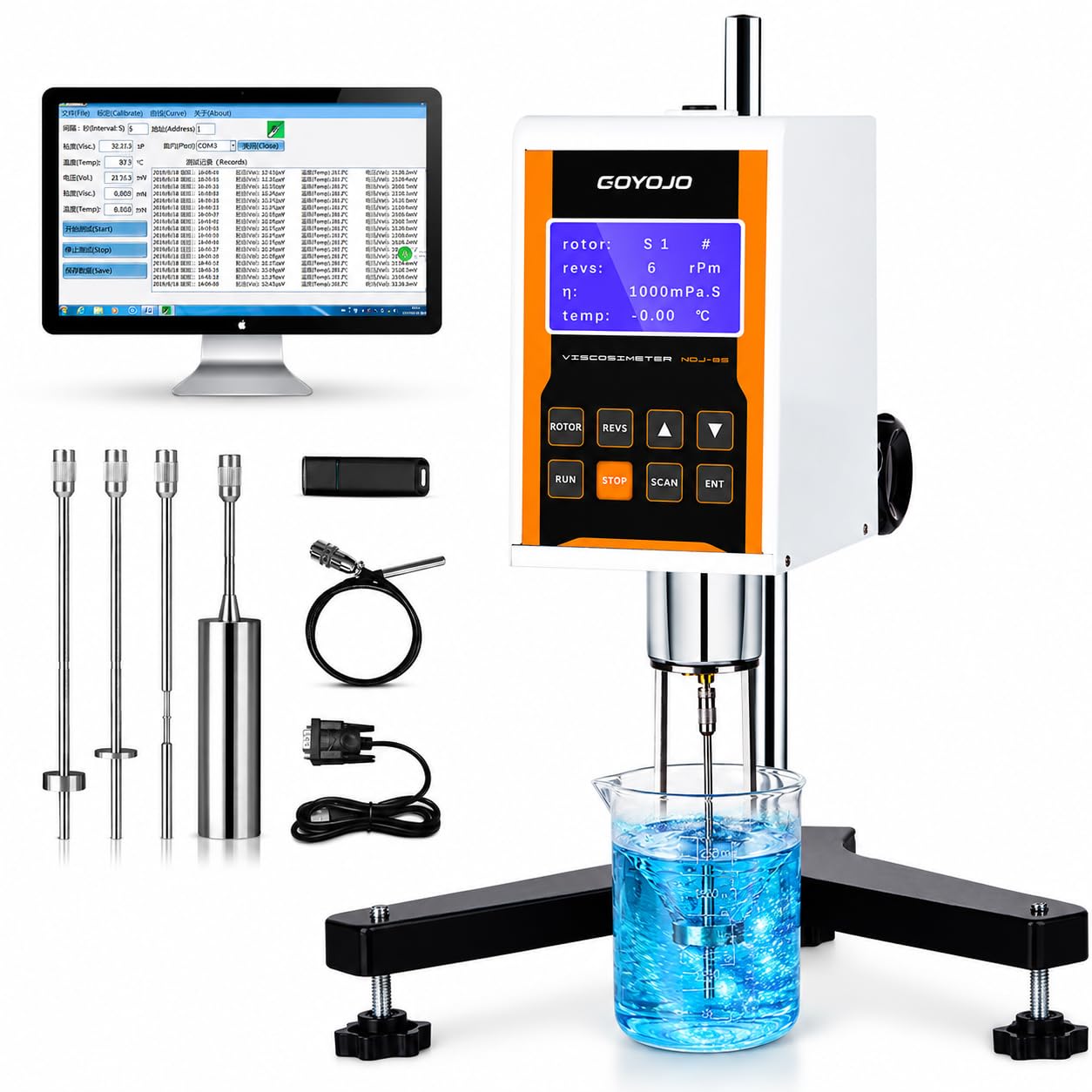 Viscosímetro giratorio digital con 4 rotores y sonda de temperatura, medidor de viscosidad de laboratorio con tintas de salida de datos, pinturas, recubrimientos, adhesivos, grasas, cosméticos 10