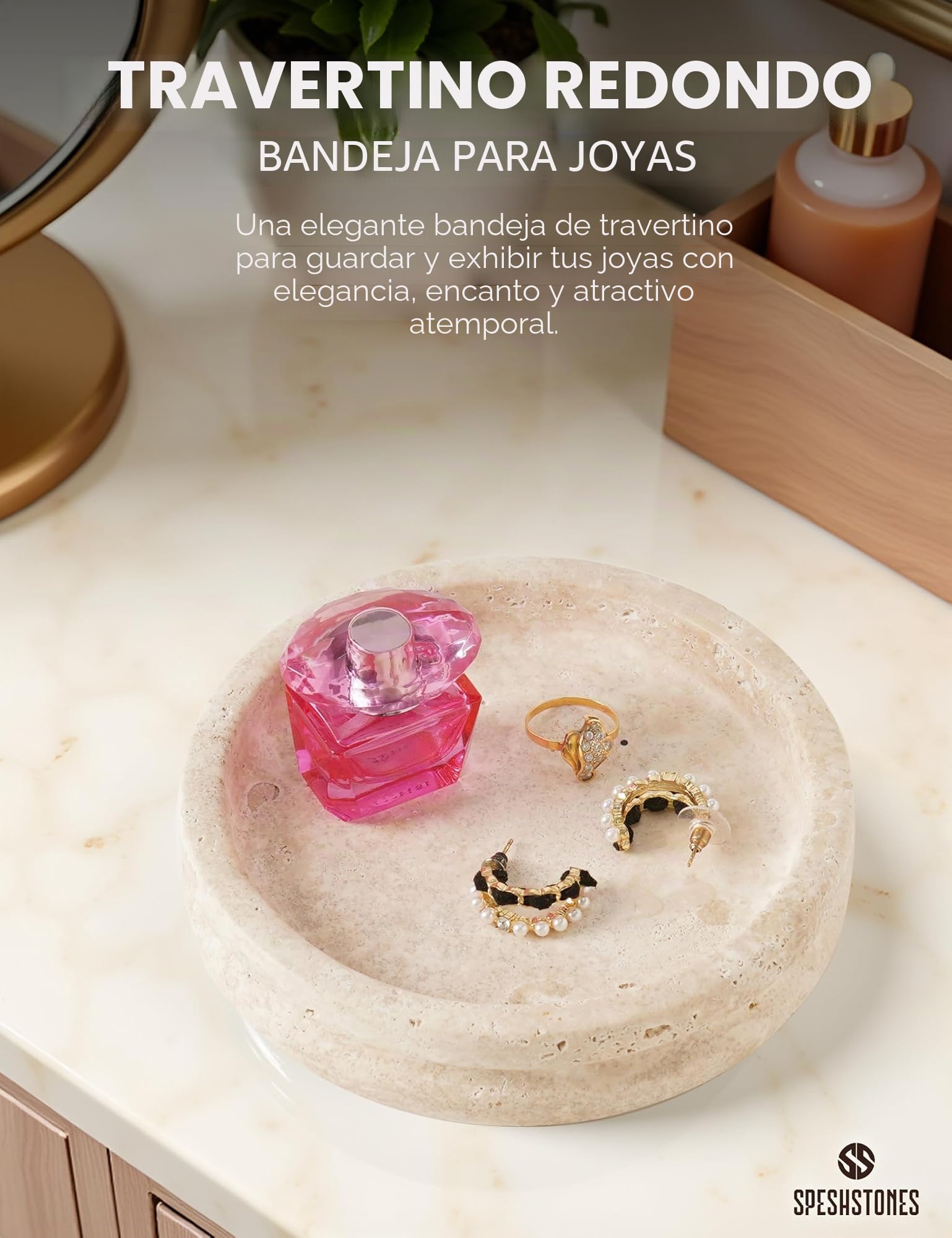 SPESHSTONES Plato de mármol para joyería, Soporte para Anillos Hecho a Mano de 5 Pulgadas, Bandeja de Piedra para Collares, aretes y Organizador de perfumes, Plato Decorativo para decoración