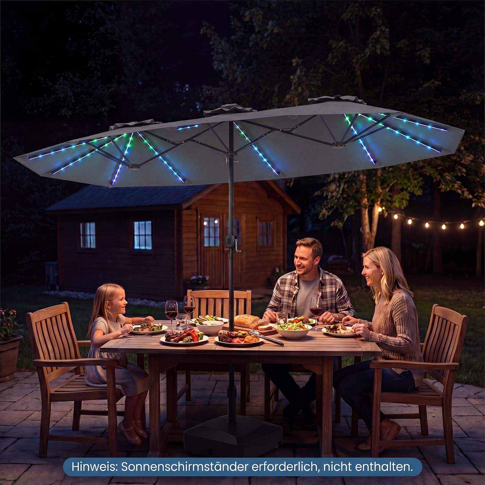 COSTWAY Doppelsonnenschirm 375x200cm, Doppel Sonnenschirm mit LED-Solar-Beleuchtung, 12 Beleuchtungsmodi, 2 Lademöglichkeiten, Gartenschirm mit Kurbel, Terrassenschirm, Marktschirm (Grau)