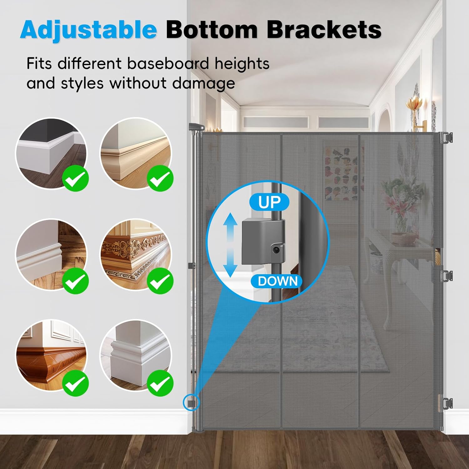 Reinforced 72" Extra Tall Baby Gate for Doorway, Jump-Resistant & Prevent Crawling Underneath Retractable Dog Gate Indoor, Fits 0-55" Width Retractable Cat Gate, No Bottom Bar Safety Mesh Pet Gate