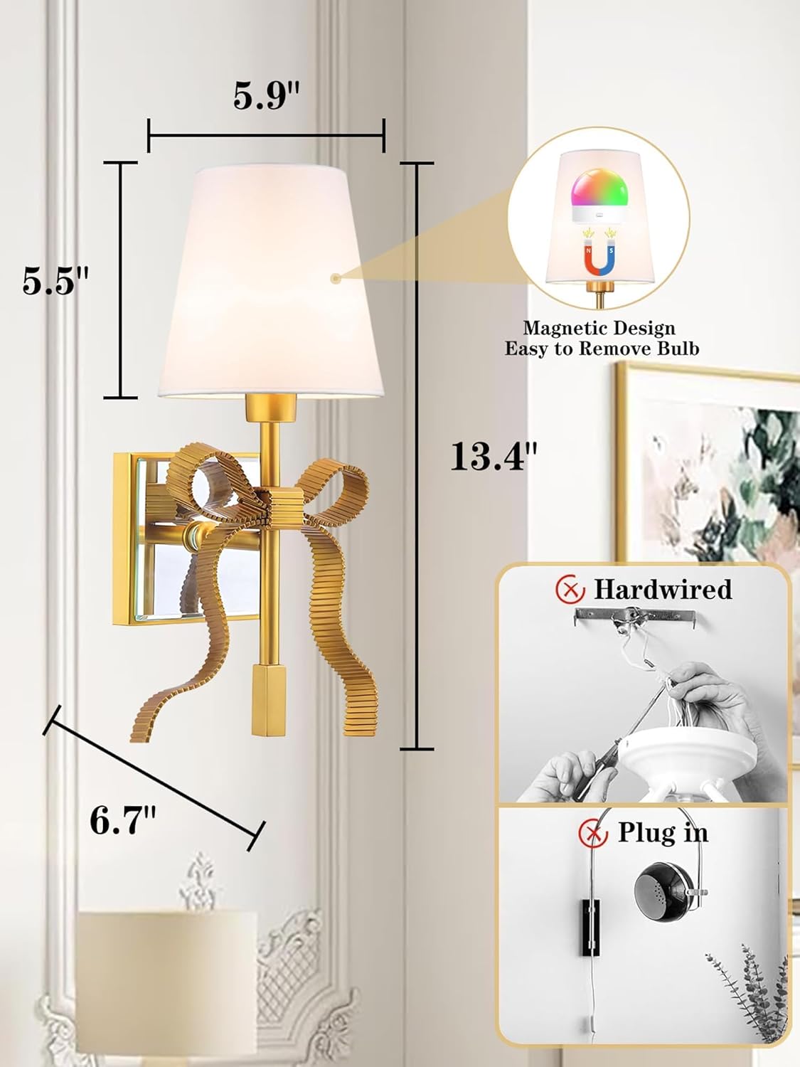 Battery Operated Wall Sconces Set of 2, Gold Wireless Bow Wall Light with 5200mAh Dimmable Bulbs & Remote, 15 Colors Rechargeable Brass Wall Sconce for Bedroom Living Room Hallway Decor