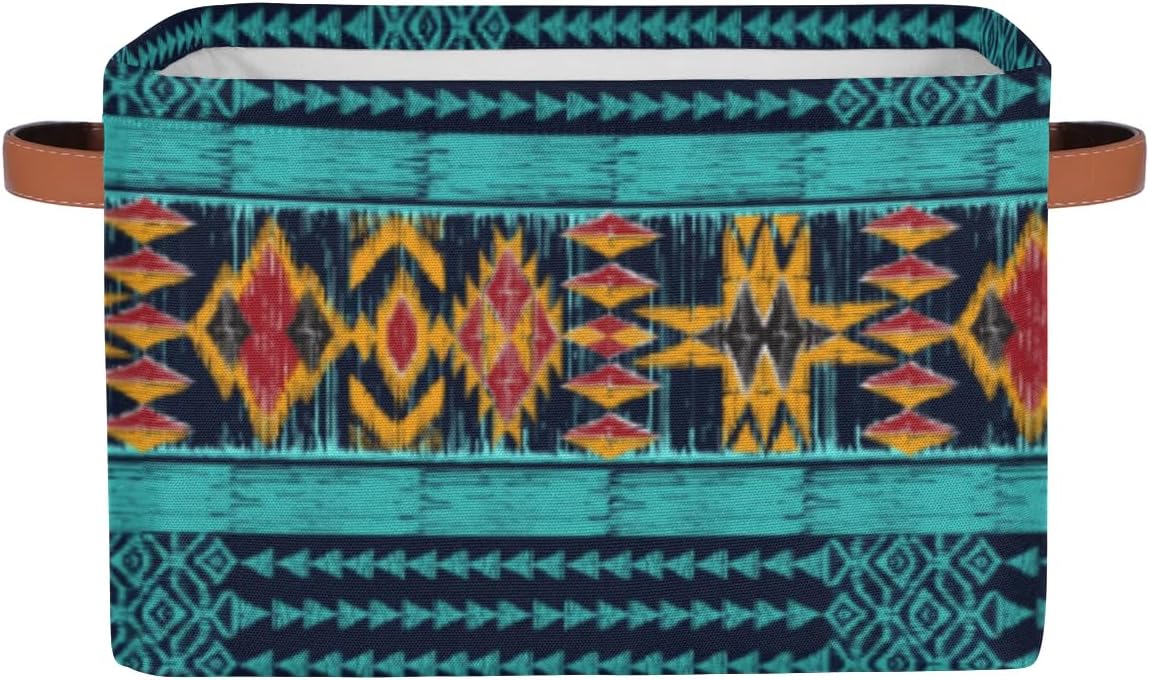 Teal Boho Style Ethnic Print Square Storage Basket, Fabric Storage Bin with Leather Handles Aztec Pattern Collapsible Storage Bin Nursery Hamper for Organizing Toys, Clothes, Books, Gift Baskets