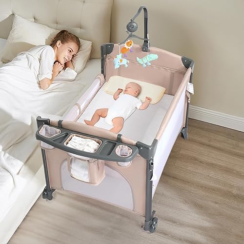 JOYMOR Moisés de bebé 4 en 1 con mesa de pañales desmontable, paquete portátil y juego con colchón y sábana, juguete, ruedas y freno, bolsa de