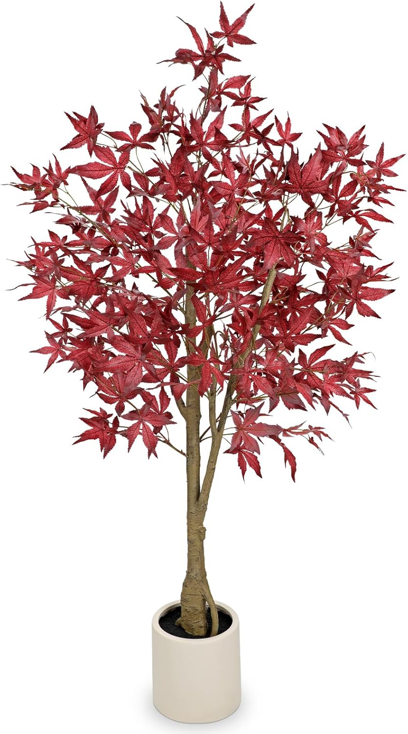 Hollyone 4 FT Artificial Japanese Maple Tree Fake Fall Tree in Ceramic Pot Red Silk Leaf Maple Leaves Autumn Faux Plants Home Decor Thanksgiving Harvest Fall Festival Party Indoor Outdoor Decorations