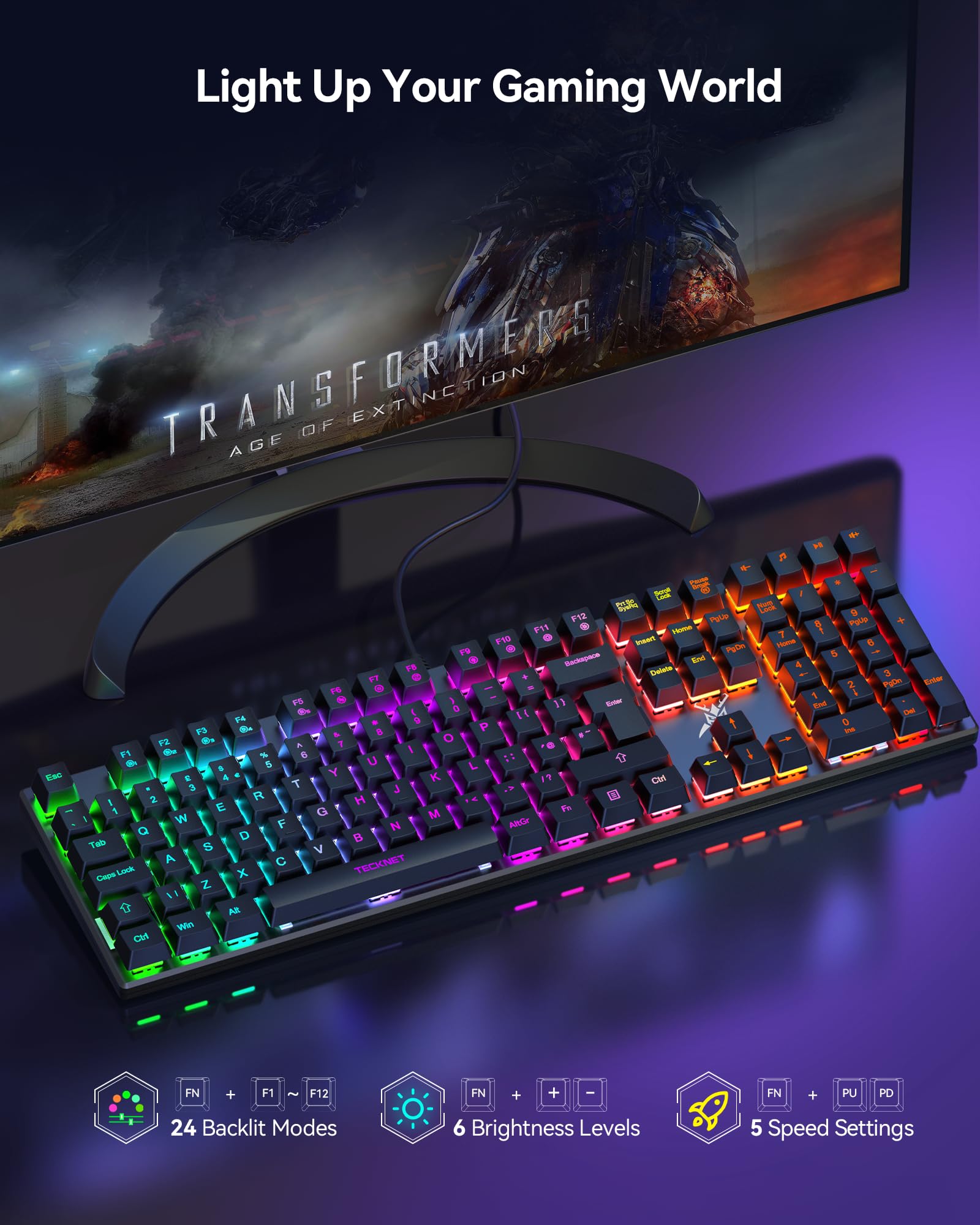 TECKNET Mechanical Gaming Keyboard - Red Switches Mechanical Keyboard with 109 Keys, 24 LED Lighting Modes, Fully Programmable Keys & Anti-Ghosting for Gaming, PC, Windows, Gamer, Office, UK Layout — view 2