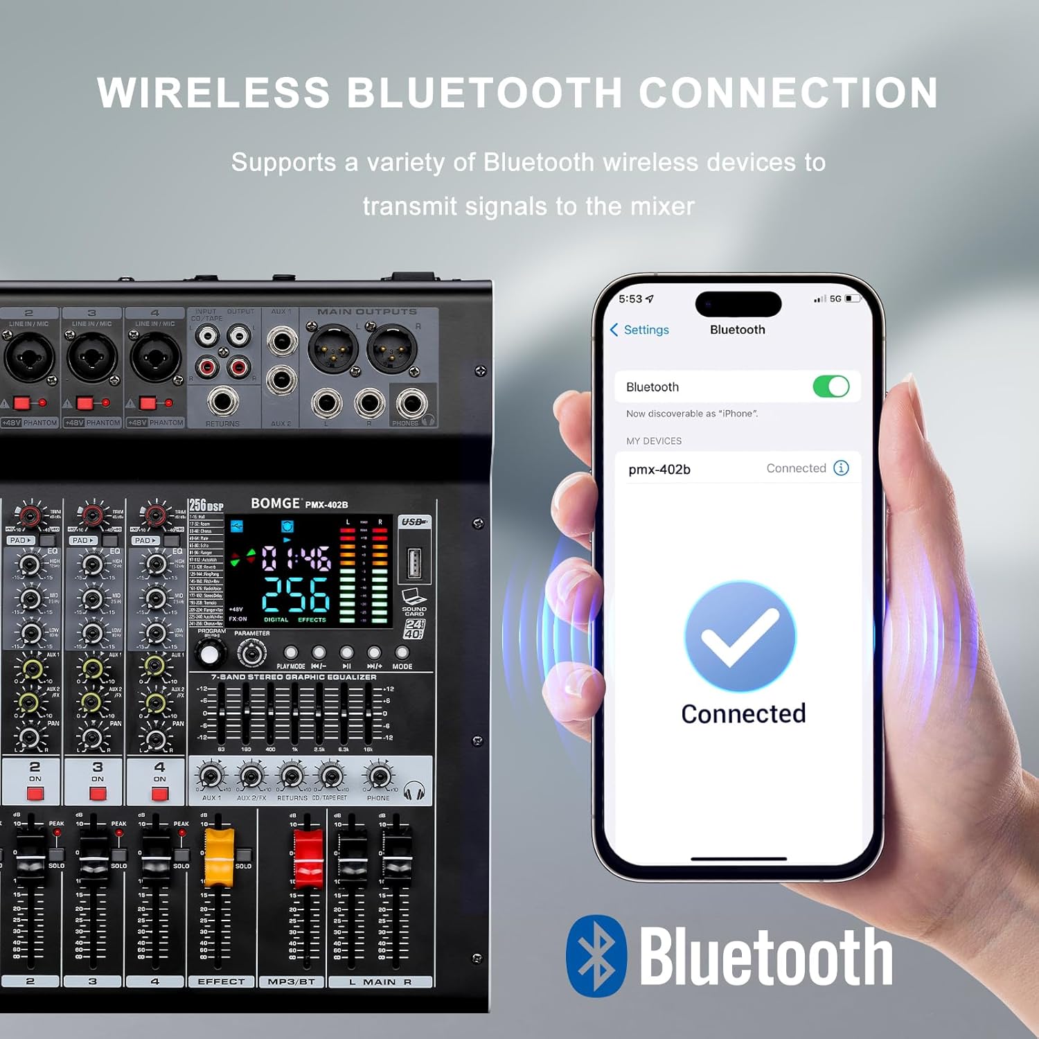 BOMGE 4-Channel Audio Interface Mixer with 256 DSP, Bluetooth 48V Phantom Power, 2x350W Amplifier (4 Ohm) for Studio Recording, DJ Mixing, Karaoke, Concert Party & Streaming​ - Image 4