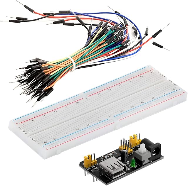 AZDelivery Breadboard Kit compatible with MB-102-830 Tie Point Solderless Plug-in Prototype PCB Board, Power Supply Module 3.3V 5V 700mA Adapter, 65 PCS Jumper Wire Set compatible with Arduino!