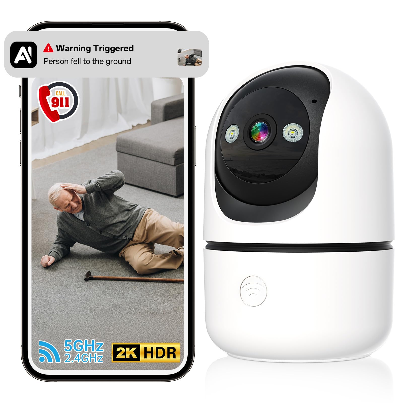 Indoor Security Camera - 5G&2.4G WiFi Cameras for Home Security Indoor One-Tap Call 911, 2K 360°Pan/Tilt AI Motion Detection Nanny/Baby/Pet/Dog Camera with Phone App/Speaker/US Cloud/IR Night Version