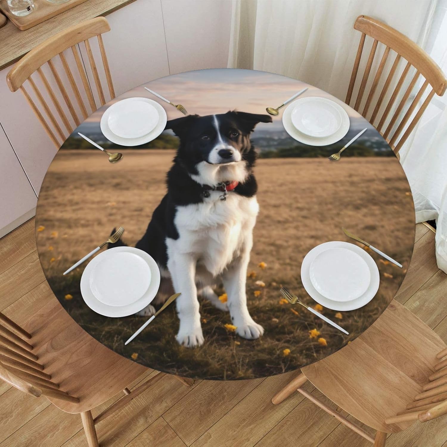 Puppies Dog Print Outdoor Patio Kitchen Decor Supplies Wipeable Round Table Cloth for Indoor Outdoor