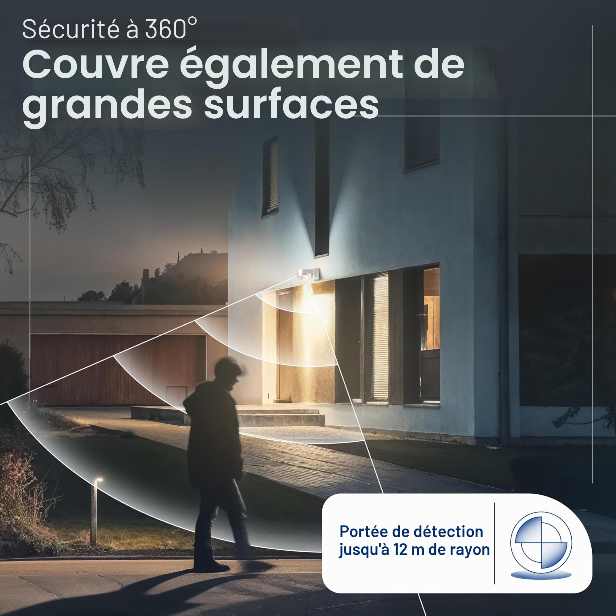 Huber Motion 100 Détecteur de mouvement infrarouge 360° avec 4 capteurs et lentille Fresnel - IP65, LED, protection anti-pénétration et limitation de zone, montage